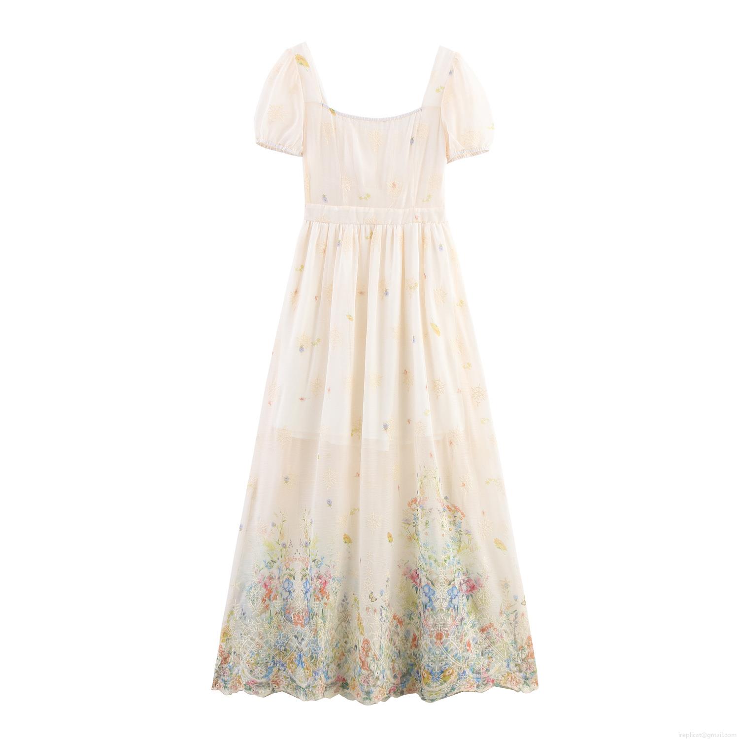 Women's French Style Floral Embroidery Maxi Dress Elegant Square Neck Puff Sleeve Summer Chiffon Long Dress Party Beach Wedding Guest Dress
