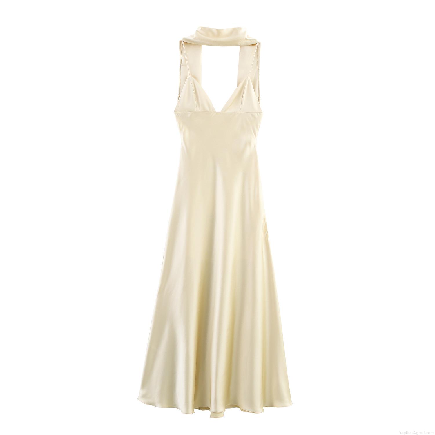 Elegant Satin Halter Maxi Dress Scarf Collar Backless V Neck Sexy Silk Texture Evening Party Gown For Women
