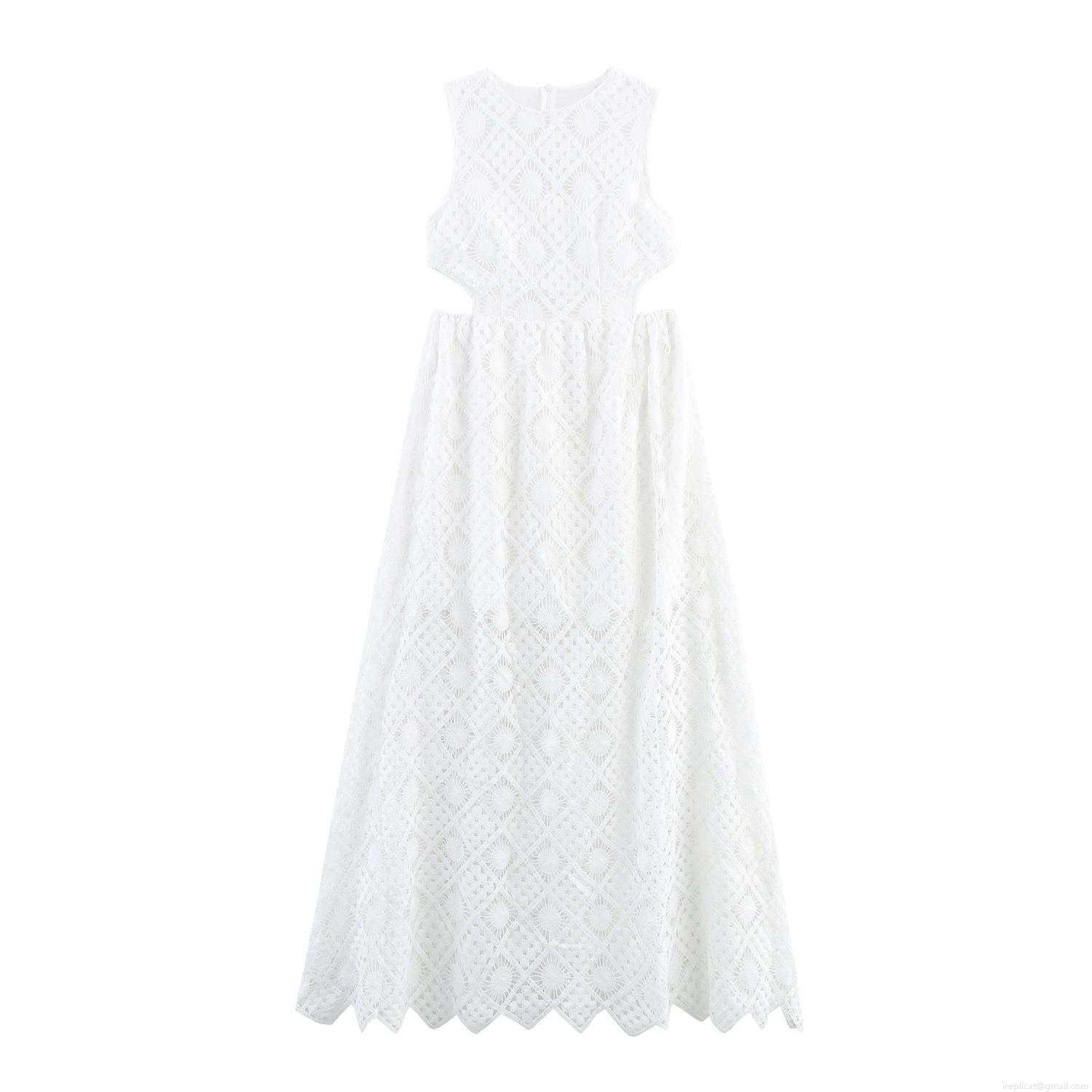 Elegant Women White Lace Maxi Dress Sleeveless Round Neck Cutout Waist Hollow Out Water Soluble Embroidery Long Dress For Party Vacation Wedding