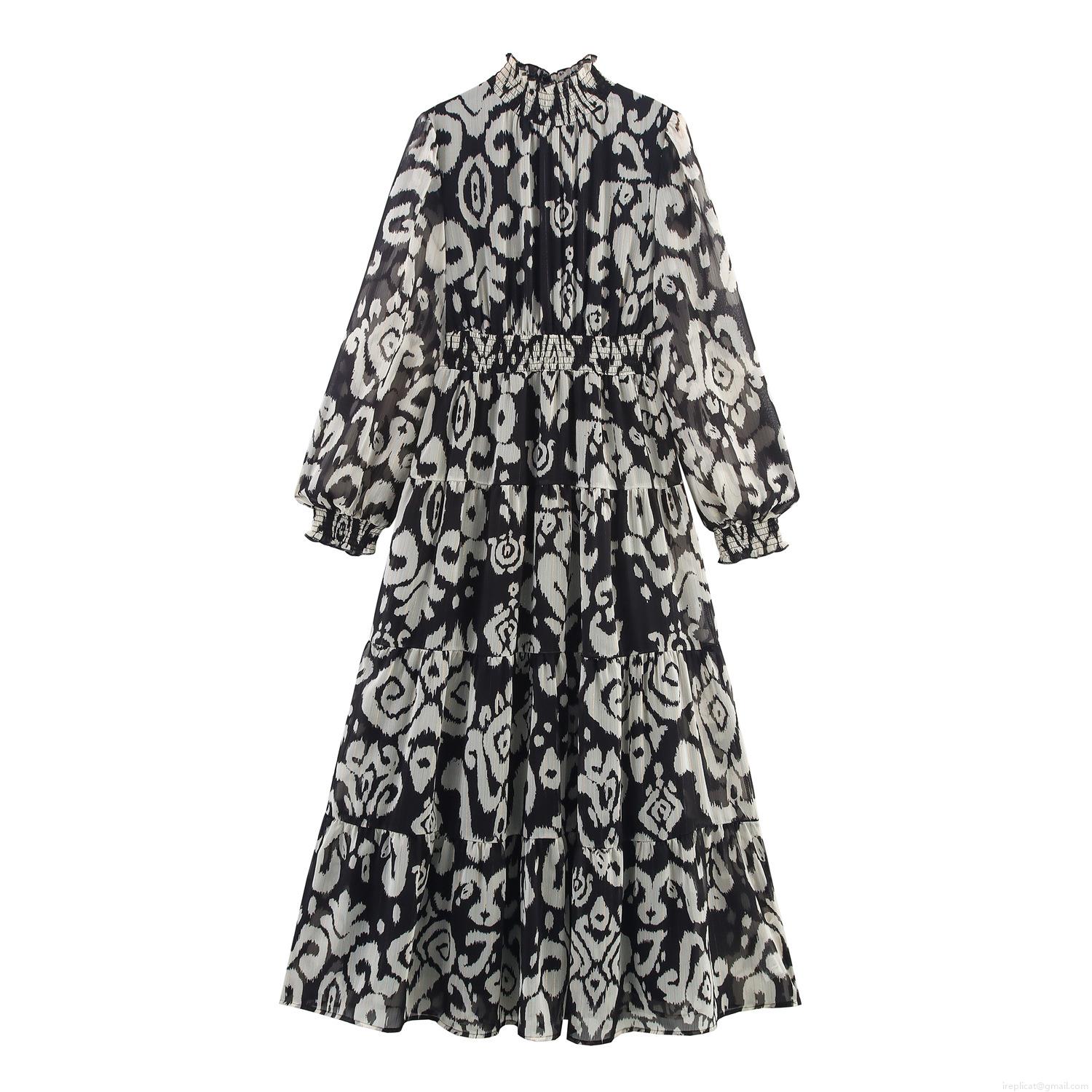 Women's Abstract Print Chiffon Maxi Dress Polyester Lurex Gold Thread Smocked Waist High Neck Ruffle Vacation Long Sleeve Tiered Dress