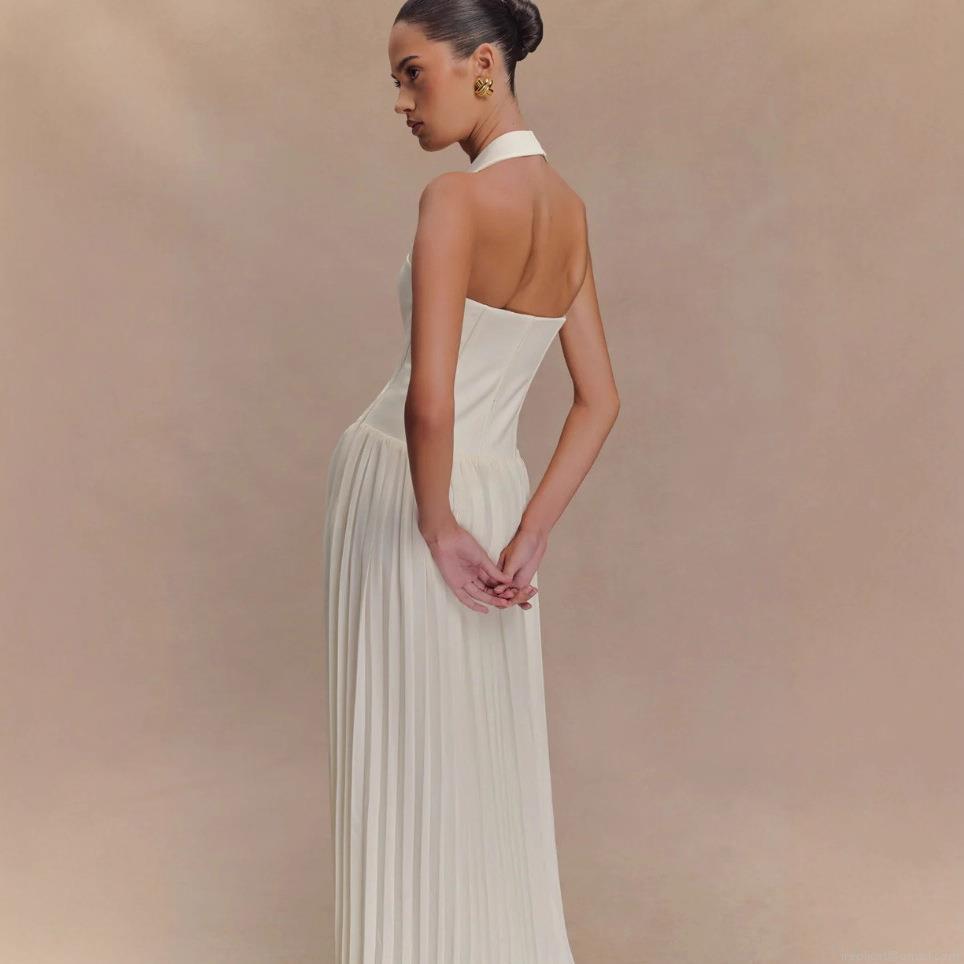 Women's Elegant Halter Backless Pleated Maxi Dress Solid Color High Waist Sleeveless Long Dress for Party Banquet Evening