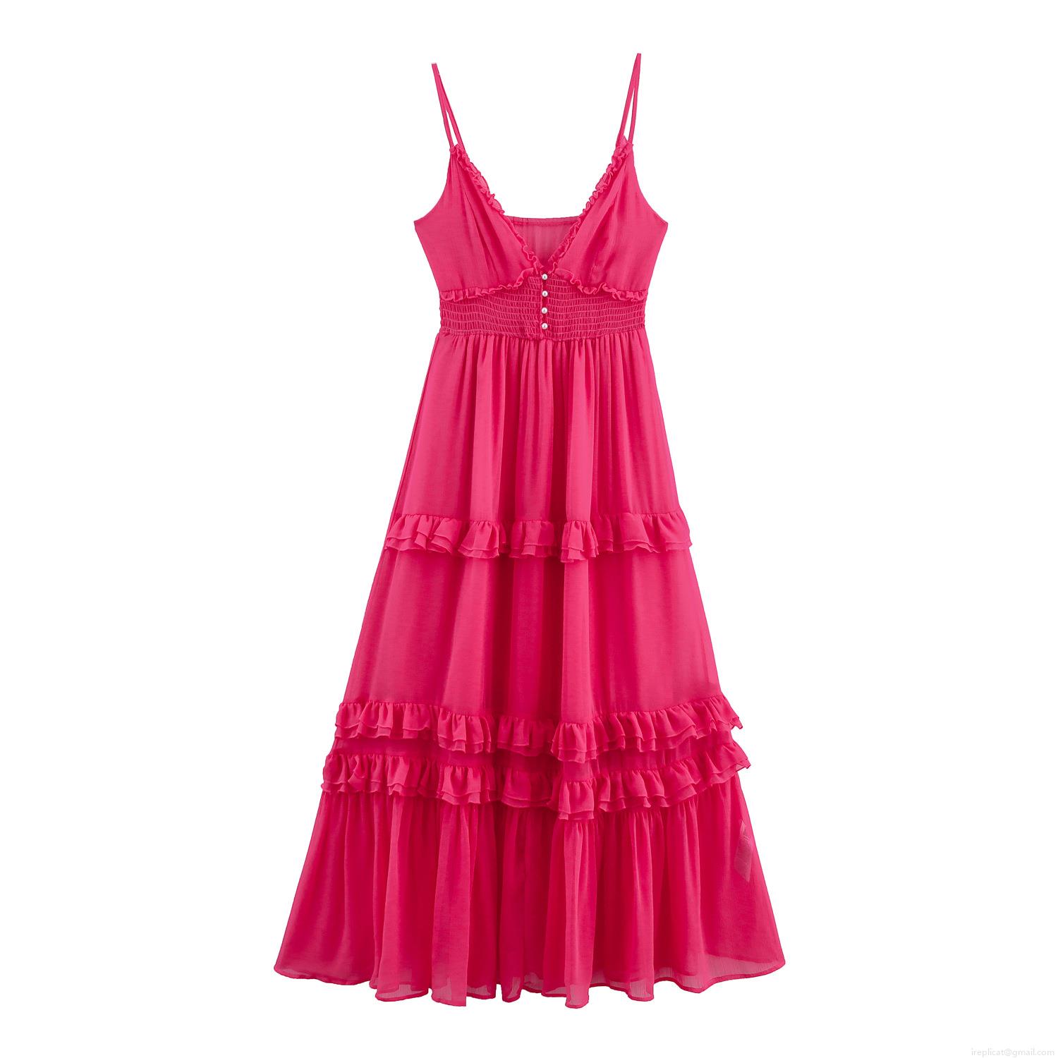 Women's Summer Sweet French Style Chiffon Maxi Dress Spaghetti Strap V-Neck Ruffle Tiered Beach Holiday Smocked High Waist Dress With Decorative Pearl Buttons