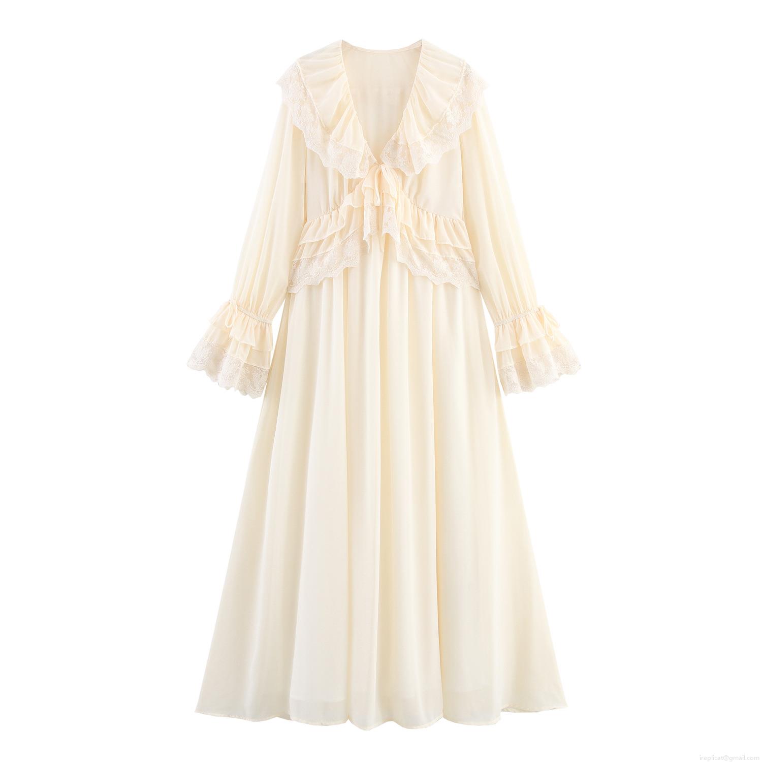 Elegant French Vintage Women's V-Neck Ruffle Maxi Dress Creamy White Chiffon Lace Flare Sleeve Long Sleeve Pullover Pure Desire Style Party Evening Long Dress