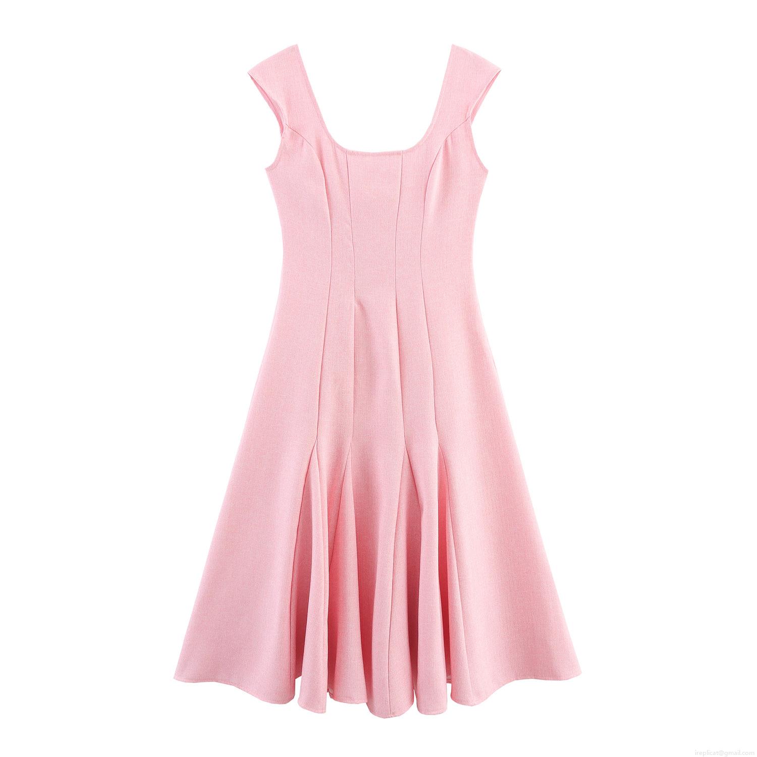 French Sweet Pink Tweed Back Lace-Up Maxi Dress Square Neck Sleeveless High Waist A-Line Long Dress For Women Summer Vacation Party Dating