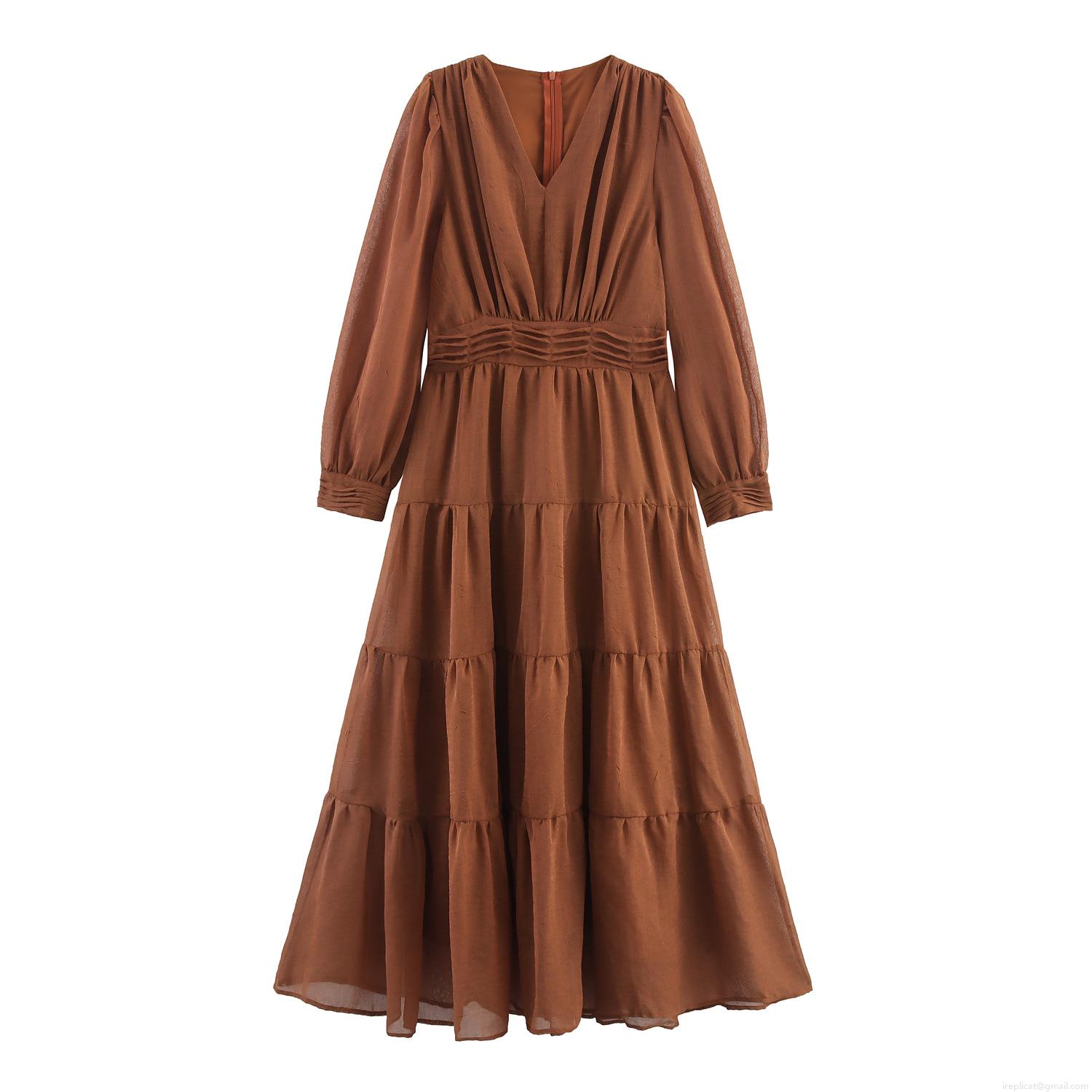 Elegant Solid Color V-Neck Long Sleeve Maxi Dress for Women High Waist Gathered Tiered Cake Skirt Polyester Commute Evening Party Dress