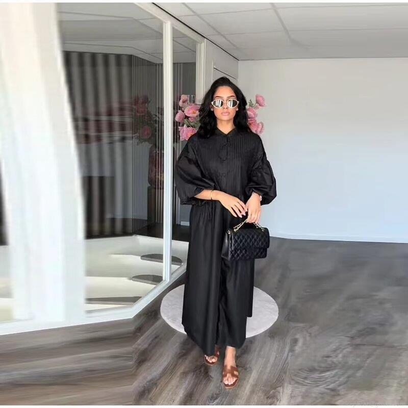 Women's Solid Color Polyester Pleated Maxi Dress Single Breasted Stand Collar Lantern Sleeve Loose Vacation Casual Long Gown For Lady