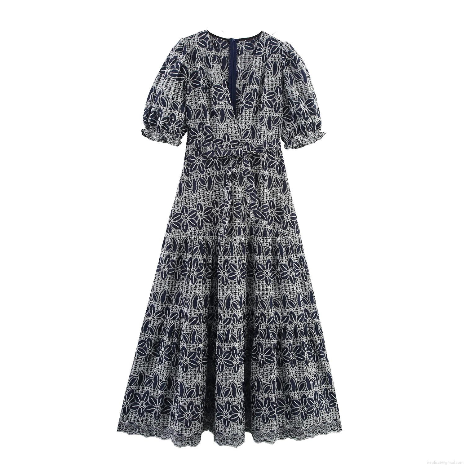 Women's Elegant V Neck Short Puff Sleeve Embroidered Maxi Dress Eyelet Hollow Out High Waist Navy Blue White Floral Polyester Dress for Vacation Beach Holiday Party Boho Ethnic Style