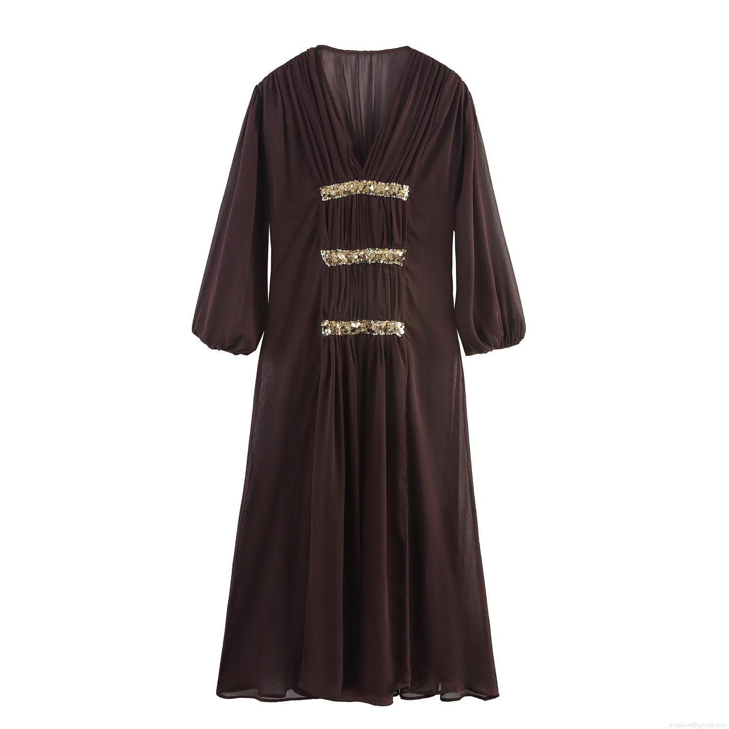 Elegant V-Neck Sequin Pleated Maxi Dress Bohemian Style Lantern Sleeve Chiffon Polyester Long Dress For Women Party Dating Summer Fall