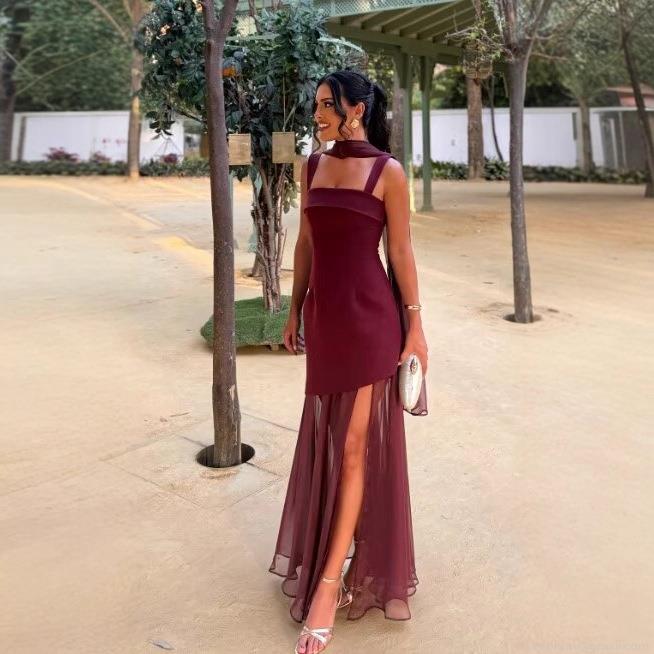 Elegant Square Neck Sling Maxi Dress With Mesh Patchwork Sexy High Slit Asymmetrical Evening Party Gown For Women Summer Solid Dress