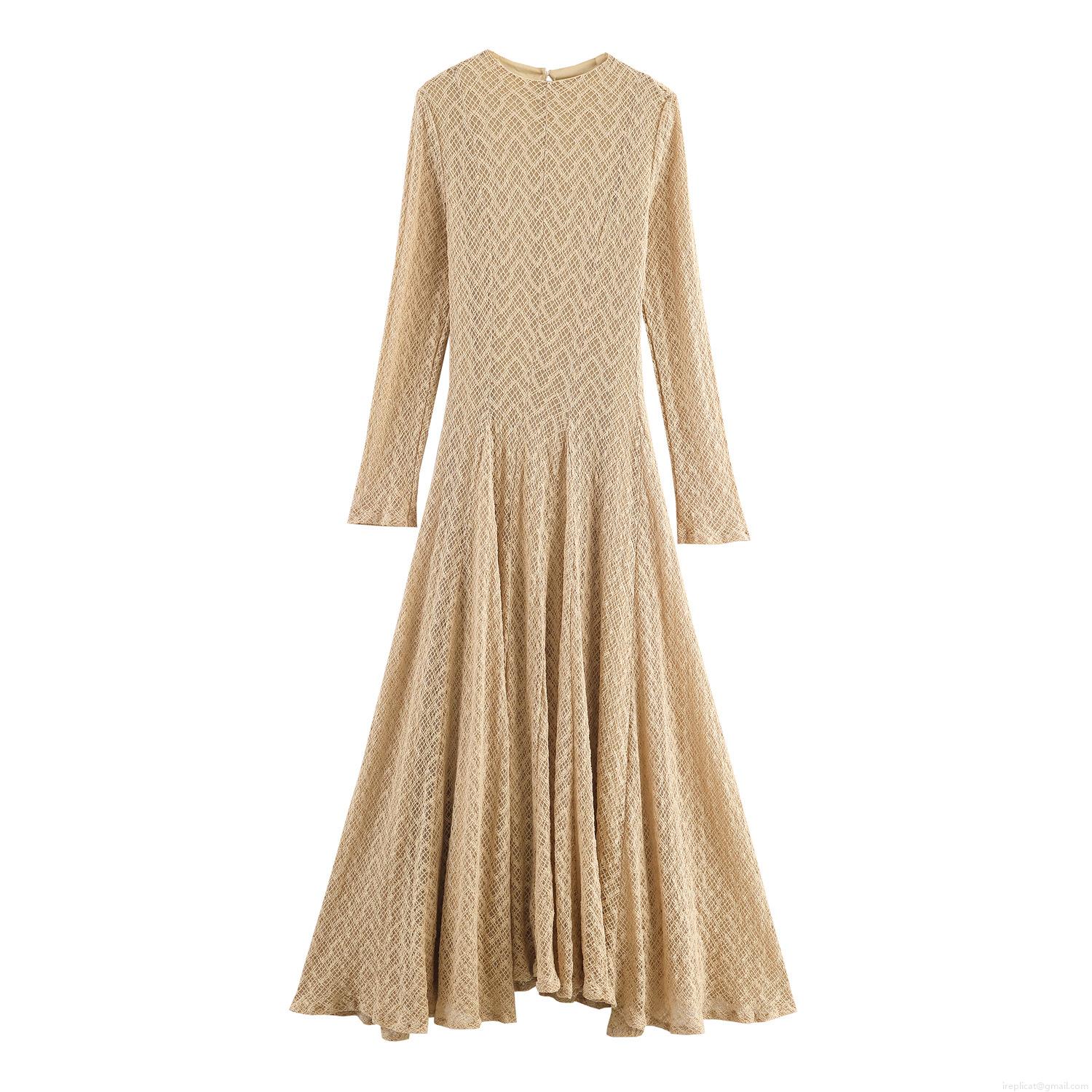 Women Elegant Long Sleeve Maxi Dress Polyester Knit Hollow Mesh Round Neck Slim Fit A-Line Big Swing Dress for Party Date Daily
