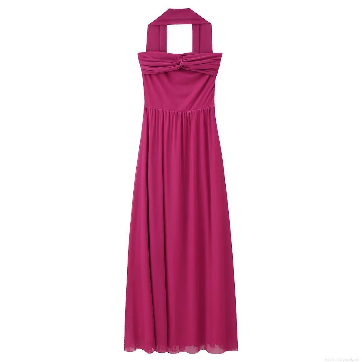 Women's Mesh Halter Maxi Dress Solid Color Square Neck Pleated Twist Long Party Dress Elegant Off Shoulder Sleeveless Sundress With Streamer Polyester Dress