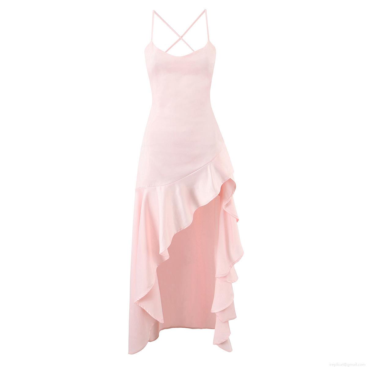 French Elegant Backless Strappy Maxi Dress Sexy Satin Ruffle Split Evening Party Dress For Women Solid Color Sleeveless Polyester Gown