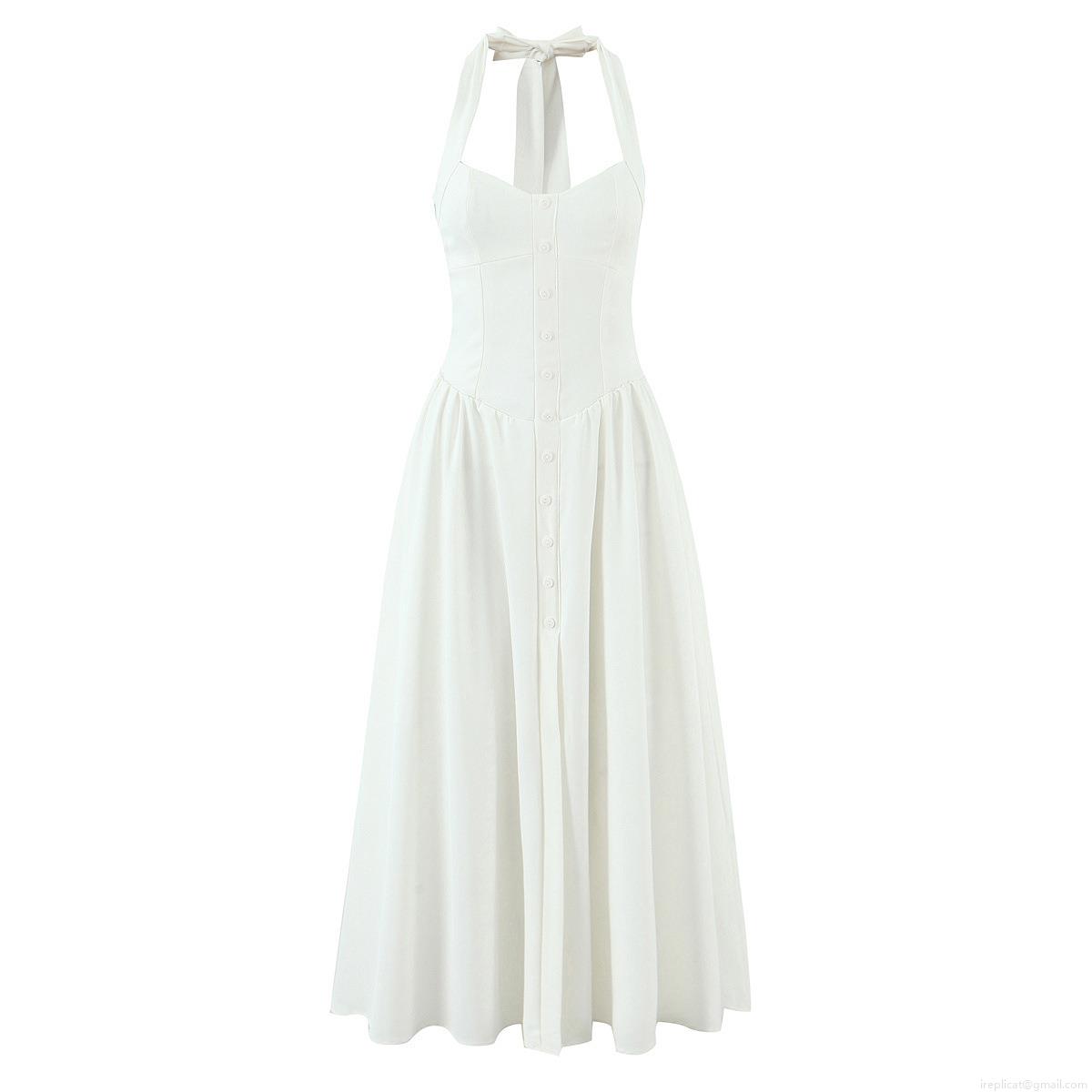 Elegant French Halter Neck Lace Up Backless Maxi Dress 95% Polyester 5% Spandex Single Breasted Slit Long Dress For Women Party Vacation