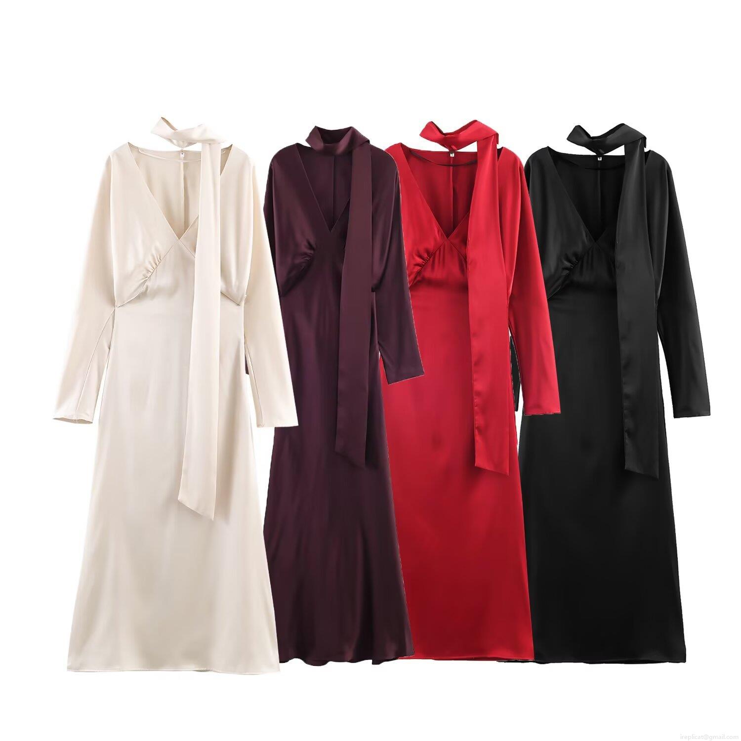 Women's Elegant V-Neck Long Sleeve Satin Maxi Dress With Scarf Neck Tie Solid Color Party Evening Gown Slim Fit Spring Autumn Dress