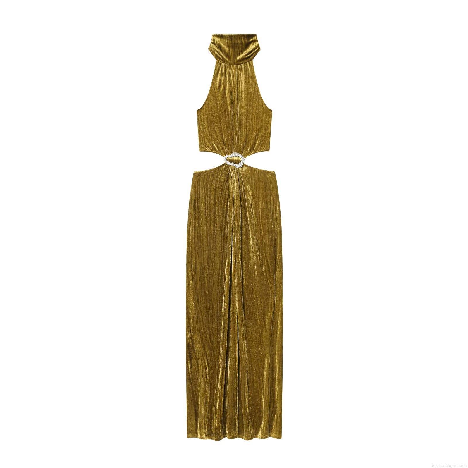 Sexy Halter Neck Velvet Maxi Dress For Women Elegant Cut-out Waist With Rhinestone Buckle Sleeveless Backless Pleated Long Evening Party Club Dresses