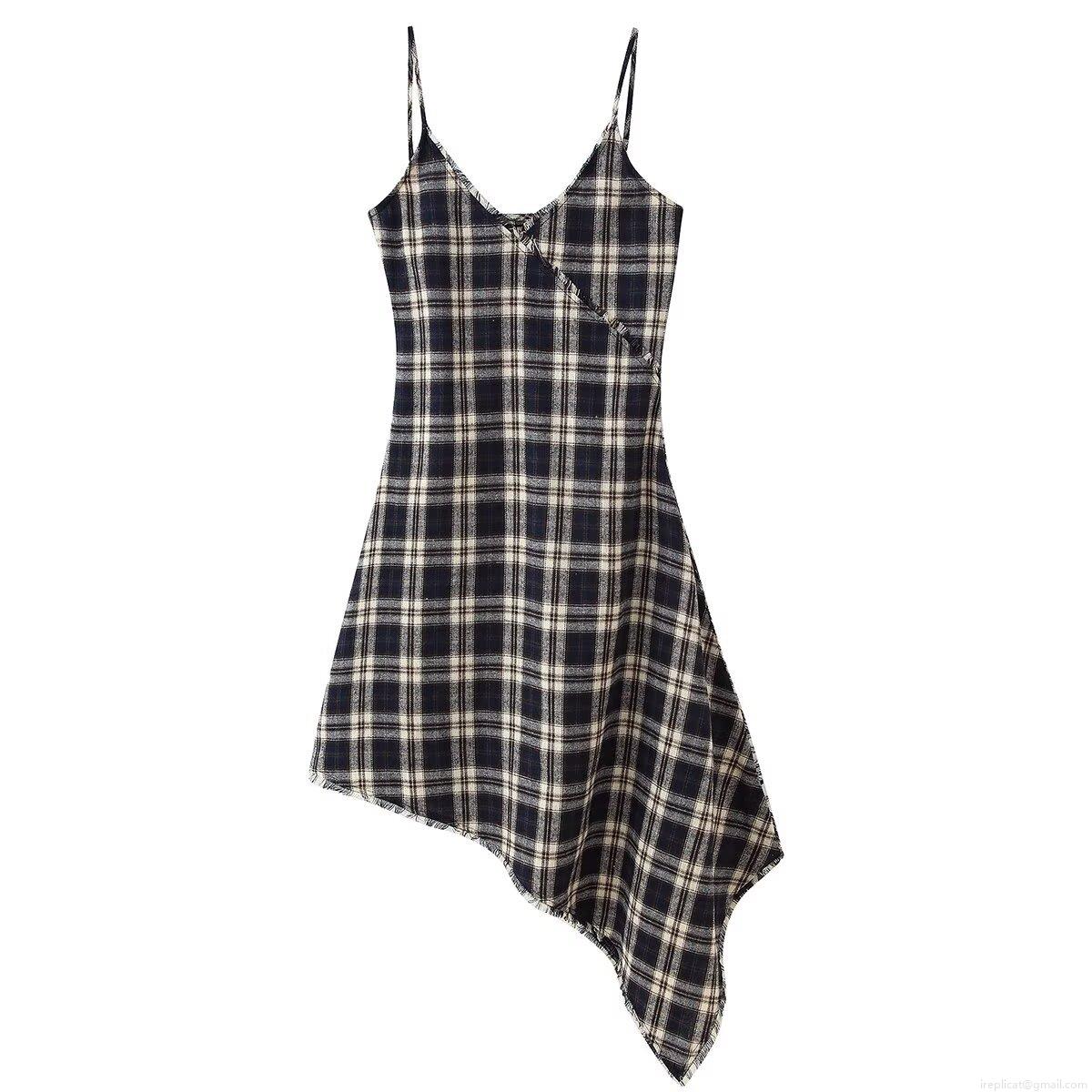 Women's Plaid V-Neck Sleeveless Maxi Cami Dress Asymmetric Hem Fringe Trim Detail Polyester Adjustable Straps Retro Summer Vacation Bodycon Dress