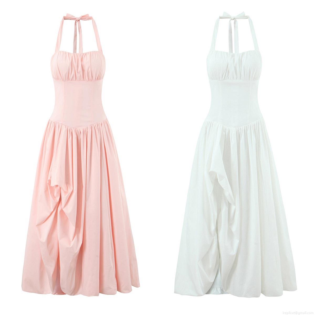 Women's Halter Backless Maxi Dress Elegant Ruched Chest Lace Up Back Solid Color Large Swing Polyester Cotton Spandex Blend Sleeveless Long Dress for Party Casual Streetwear