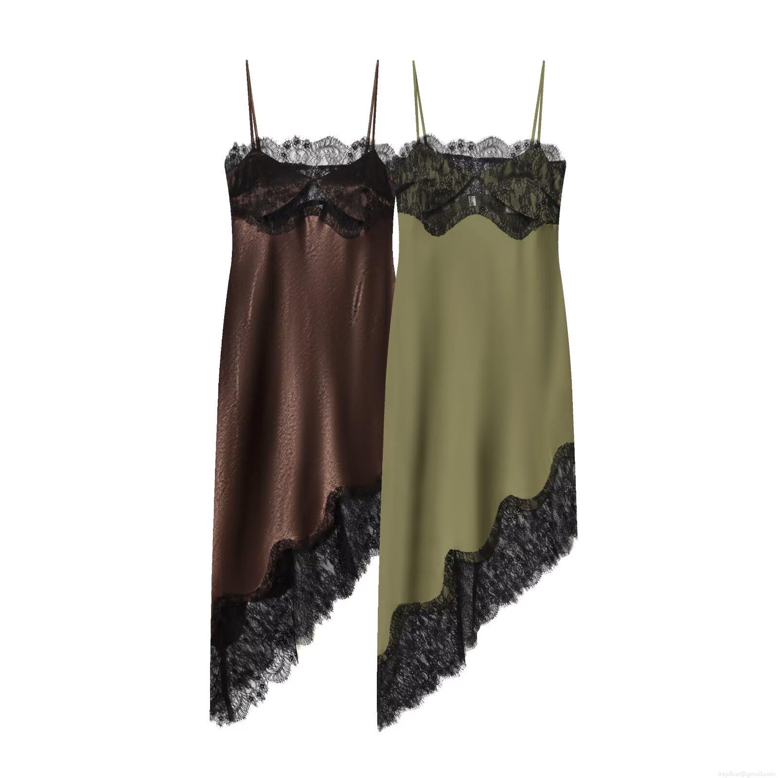 Women's Satin Lace Patchwork Maxi Dress Sexy Spaghetti Strap Asymmetrical Hem Sleeveless Slip Dress Evening Party Clubwear Clubbing Gown for Lady