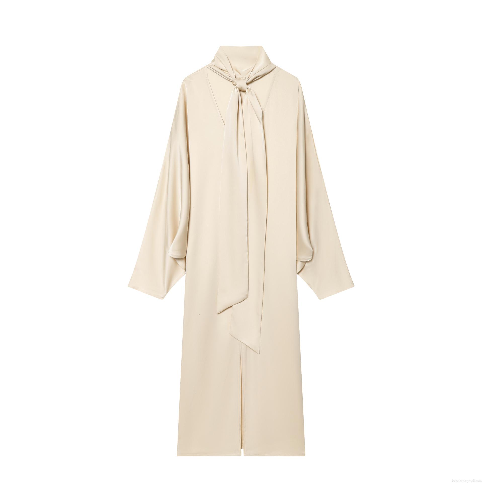 Women's Elegant Satin Silk V-Neck Maxi Dress Long Sleeve Tie-Neck Loose Fit Flowy Evening Party Gown Minimalist Apricot Long Dresses For Women