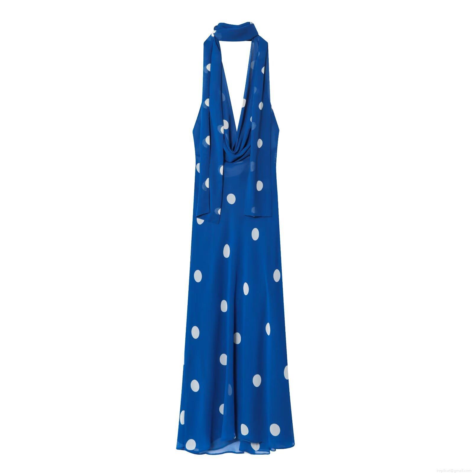Women's Polka Dot Halter Backless Maxi Dress Summer Casual Vacation Sleeveless Cowl Neck Draped Chiffon Polyester Long Dress