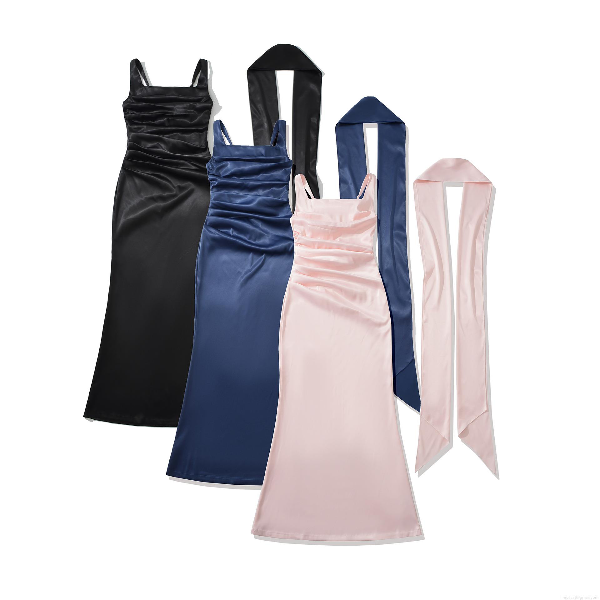 Women's Elegant Satin Spaghetti Strap Maxi Dress With Matching Scarf Ruched Backless Slim Fit Evening Party Long Dress Sexy Nightclub Wear