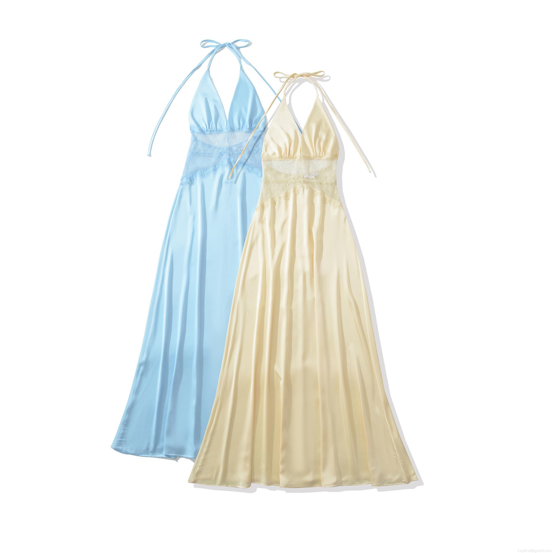Women's Summer Halter Neck Backless Satin Maxi Dress Elegant Lace Patchwork Sleeveless Slim Fit Long Party Dresses For Vacation Clubwear
