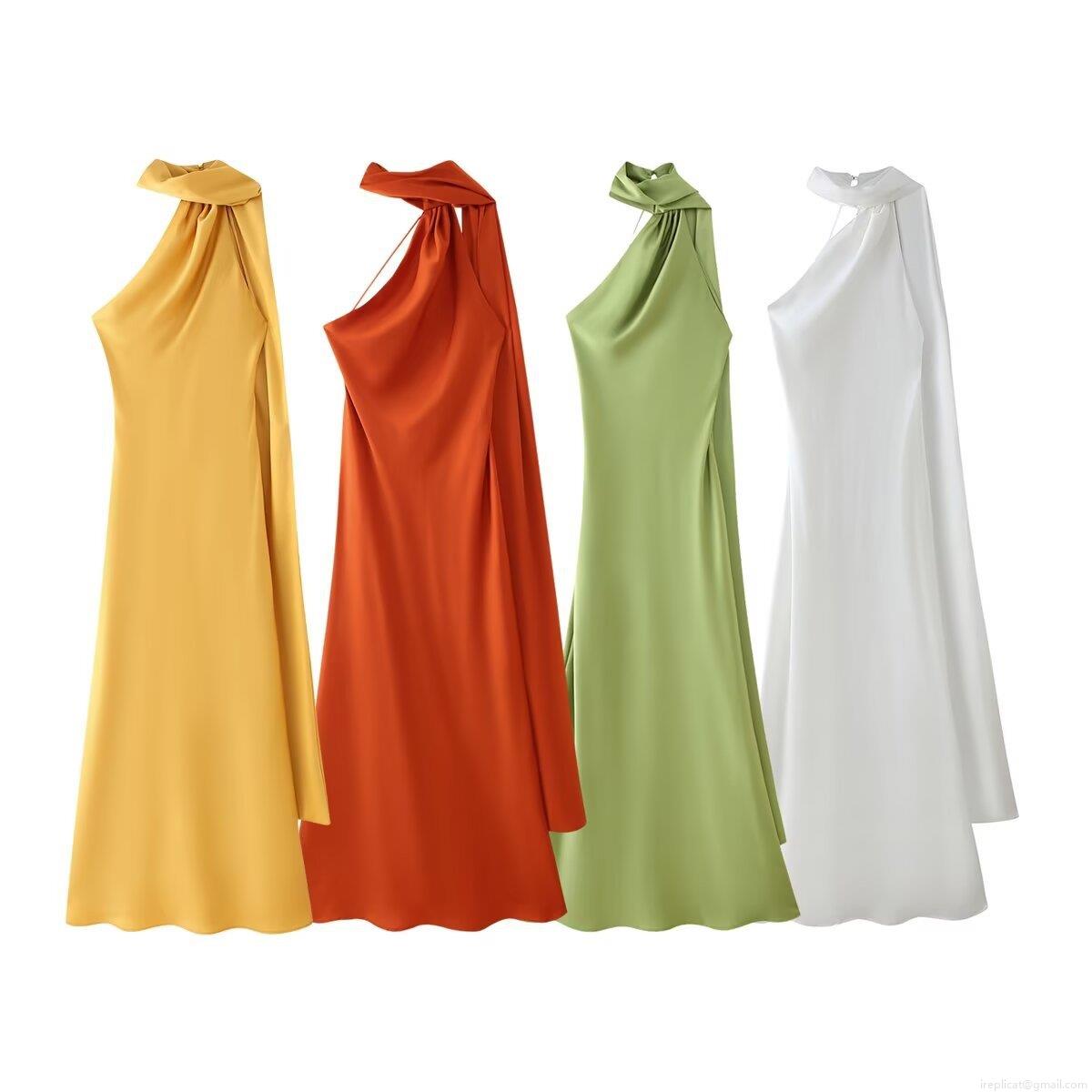 Women's Elegant Halter Neck Satin Maxi Dress Sleeveless Backless Long Evening Party Dress Solid Color Silk Texture Slim Fit Formal Gown For Wedding Prom Cocktail