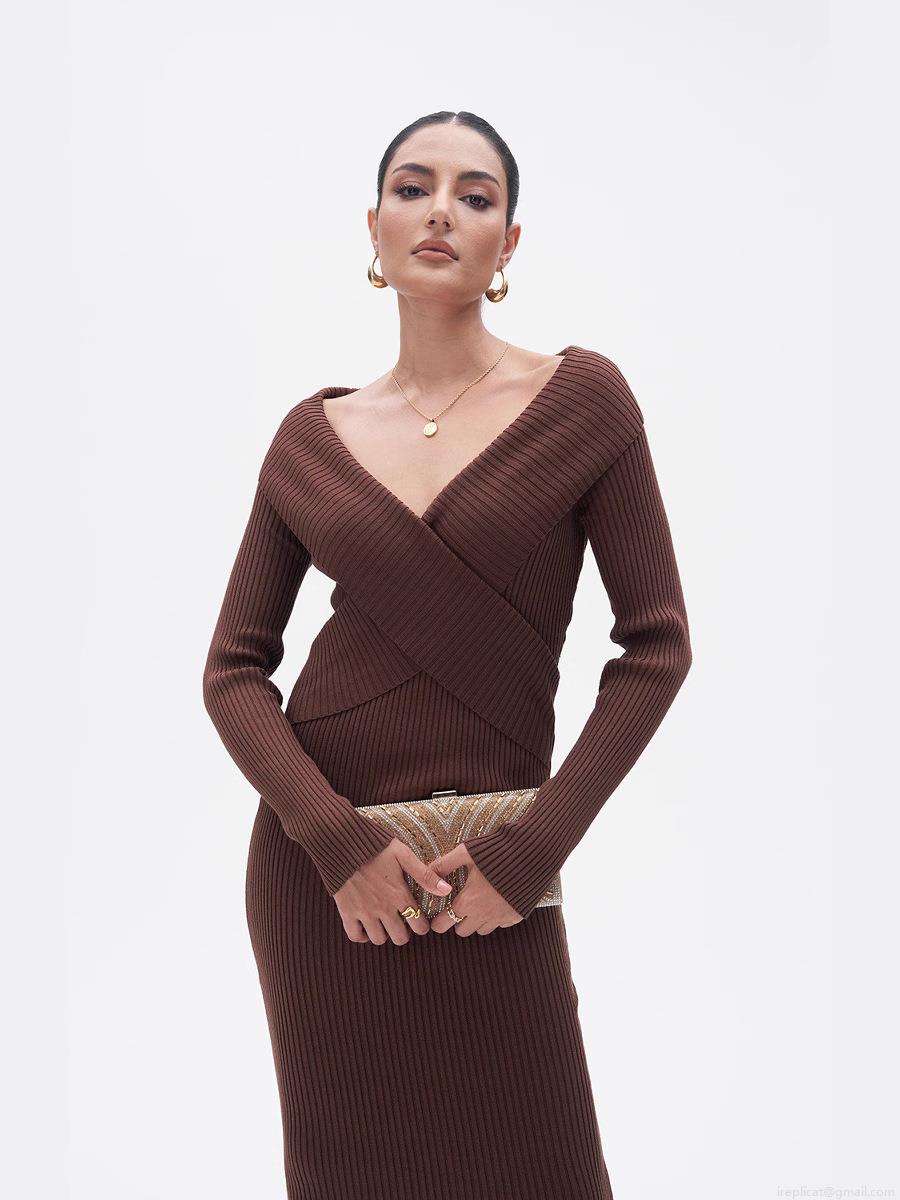 Women's Elegant Long Sleeve Knit Maxi Dress Wrap V-Neck Ribbed Rib Solid Color Slim Fit Rayon Nylon Sweater Dress for Autumn Winter Daily Party