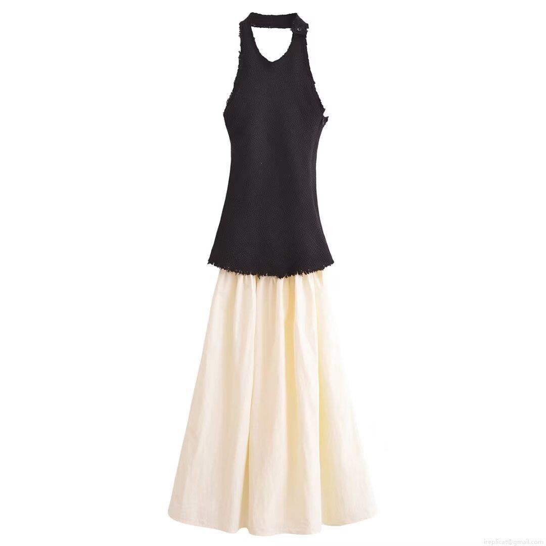 Women's Sexy Halter Neck Backless Patchwork Maxi Dress Elegant Black Tweed Knit Top Off White Spliced Long Dress Streetwear Chic Party Clubwear