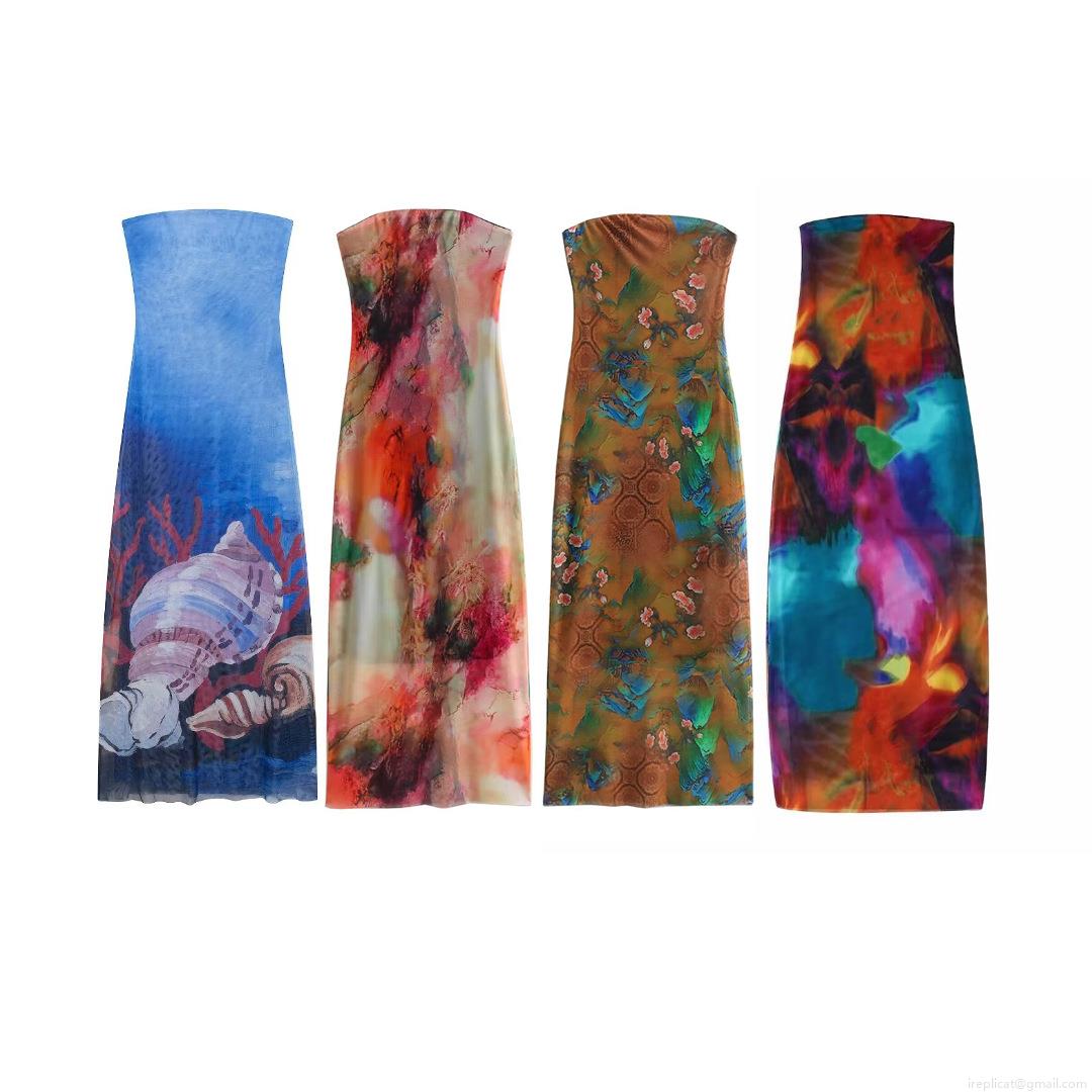 Sexy Women's Strapless Bodycon Maxi Dress Aesthetic Graphic Print Polyester Mesh Long Tube Dress For Party Clubwear Vacation Streetwear Female Apparel