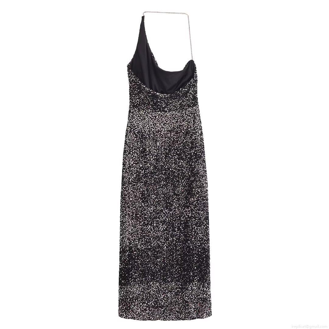 Women's Sexy Sequined Halter Maxi Dress Asymmetric Single Shoulder Side Slit Bodycon Evening Party Gown Sparkling Polyester Clubwear Prom Dress
