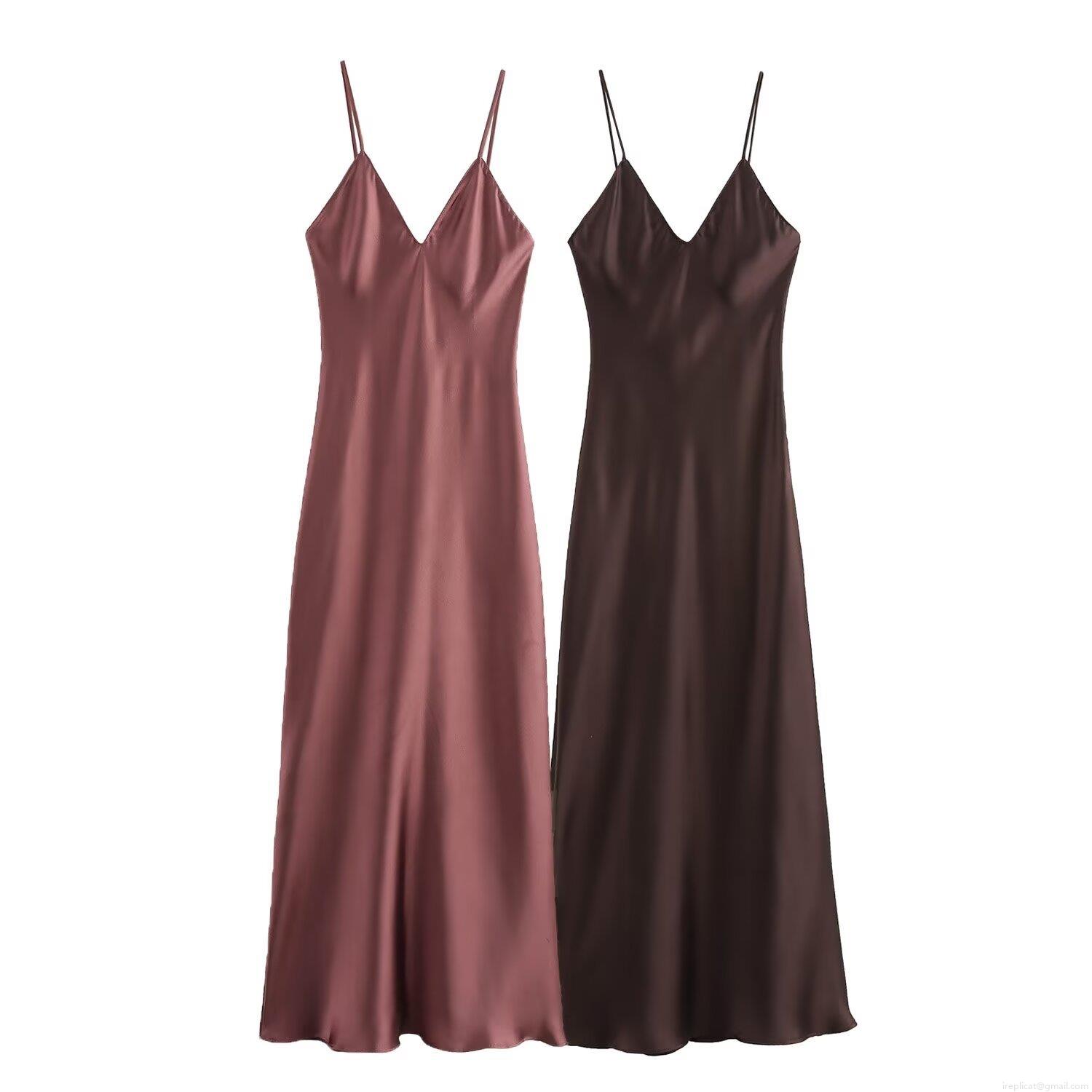Women's Sexy V-Neck Satin Cami Maxi Dress Elegant Backless Spaghetti Strap Evening Party Long Dress Solid Color Silk Like Bodycon Slip Dress