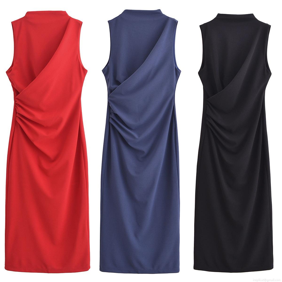 Women's Sleeveless Pleated Maxi Dress Elegant Stand Collar Back Slit Solid Color Polyester Slim Fit Bodycon Dress For Party Evening Clubwear