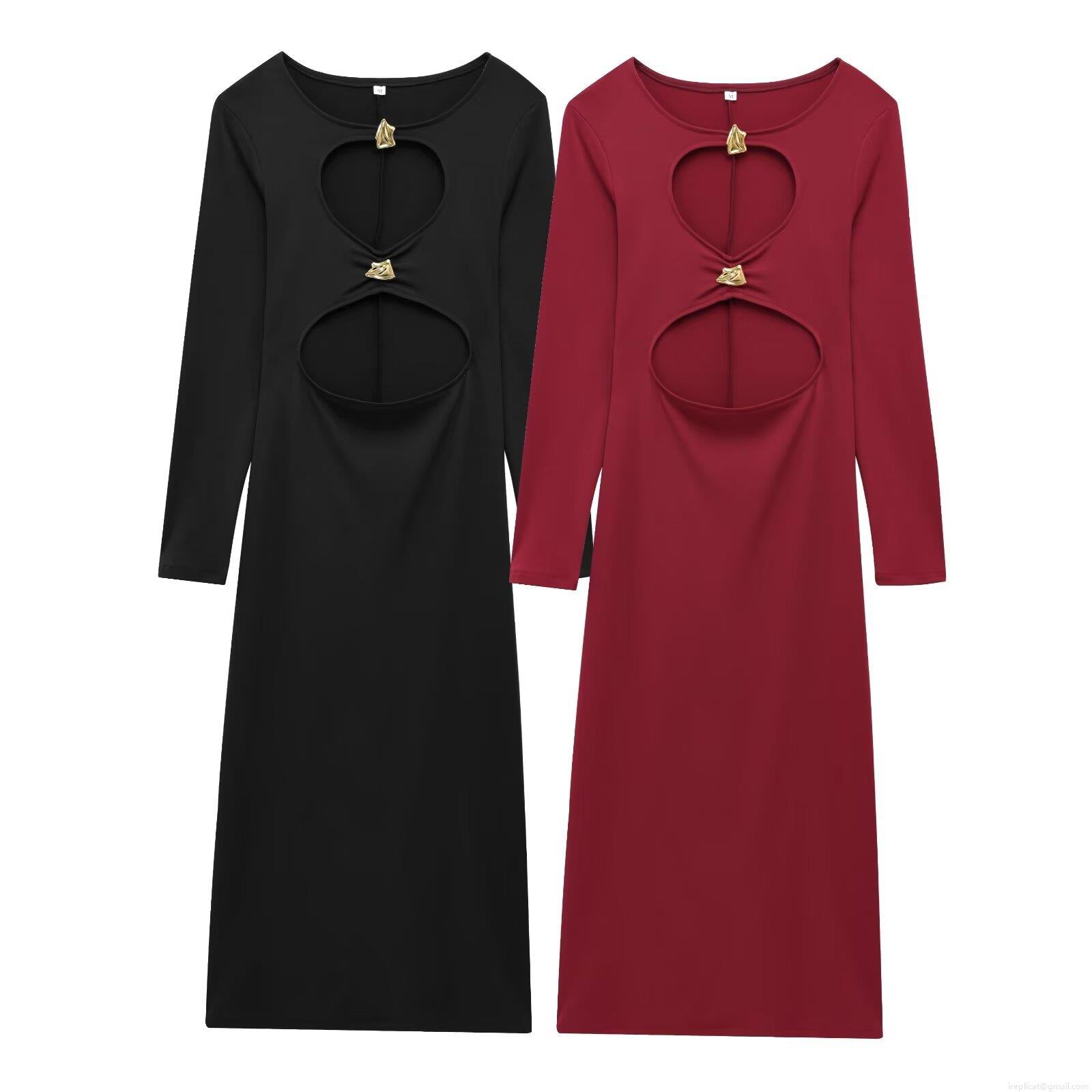 Women Sexy Hollow Out Maxi Dress Long Sleeve Polyester Knit Fabric With Gold Metal Buckles Round Neck Slim Fit A-Line Long Gown For Party Club Night Streetwear Lady