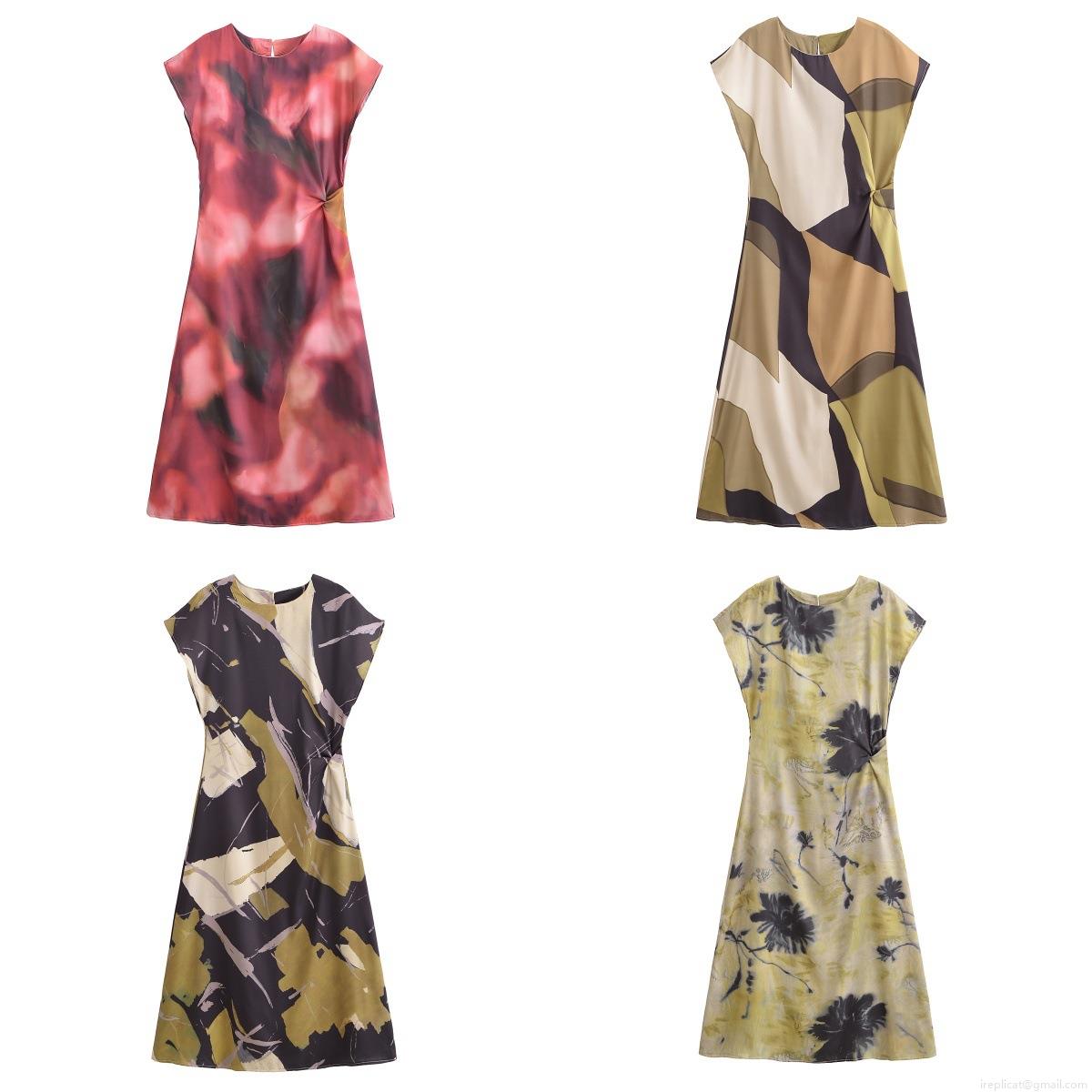 Women's Satin Texture Printed Maxi Dress Short Sleeve Round Neck A-Line Long Dress For Summer Party Vacation Artistic Abstract Geometric Print Women Dress