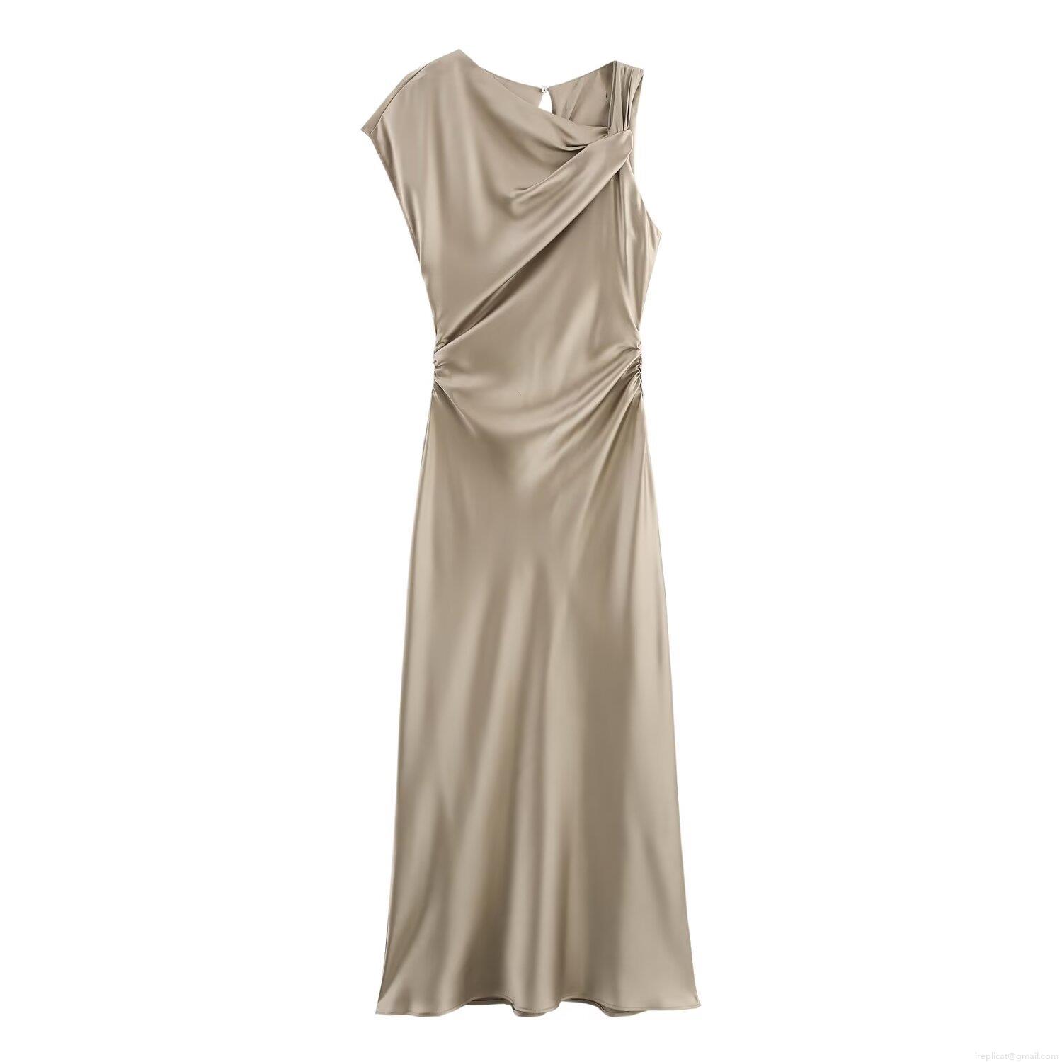 French Style Elegant Halter Neck Satin Pleated Maxi Dress For Women Solid Color Sleeveless Slim Fit Evening Party Club Night Gown