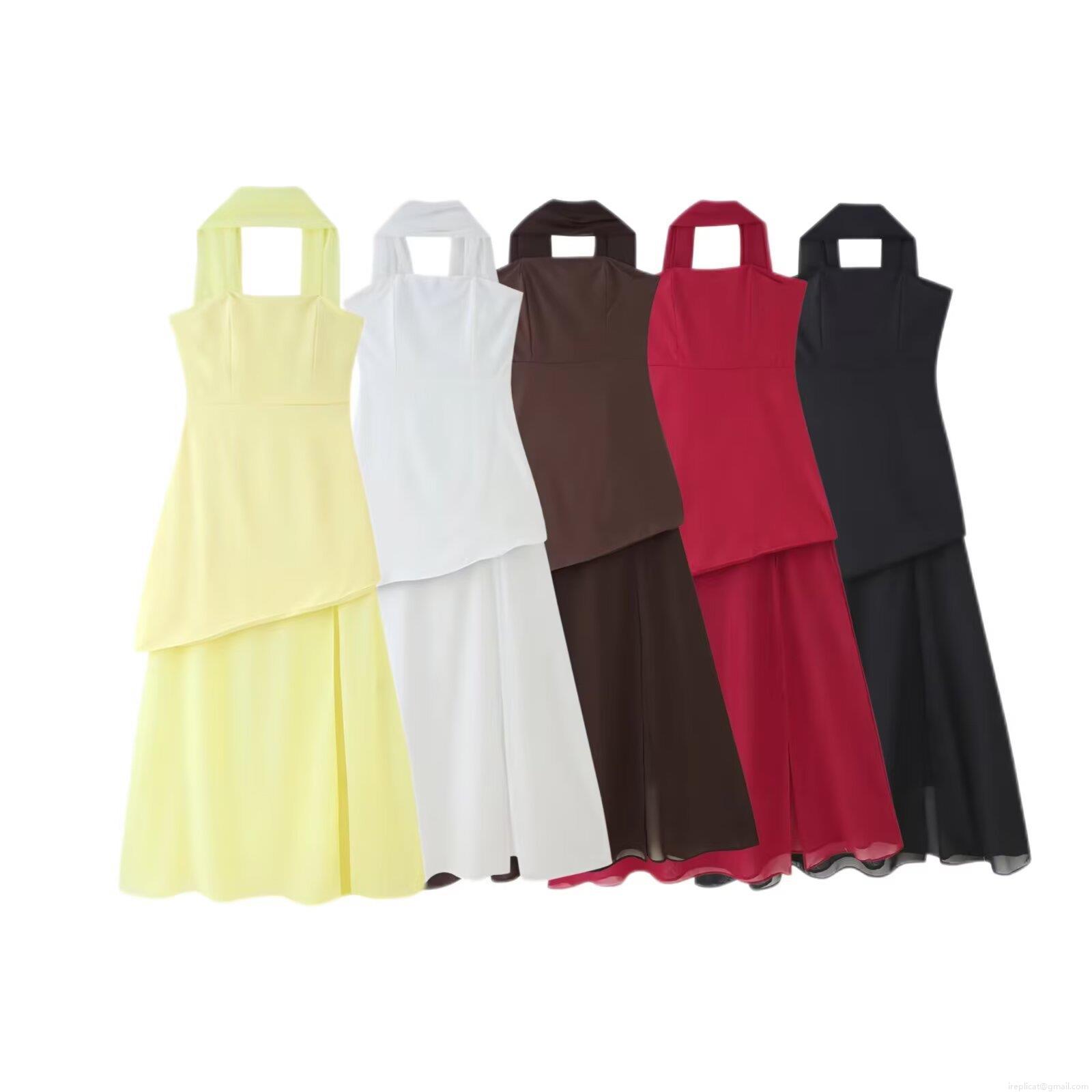 Women's Sexy Halter Maxi Dress Elegant Polyester Mesh Patchwork Backless High Waist Asymmetric Hem Long Dress For Party Club Summer