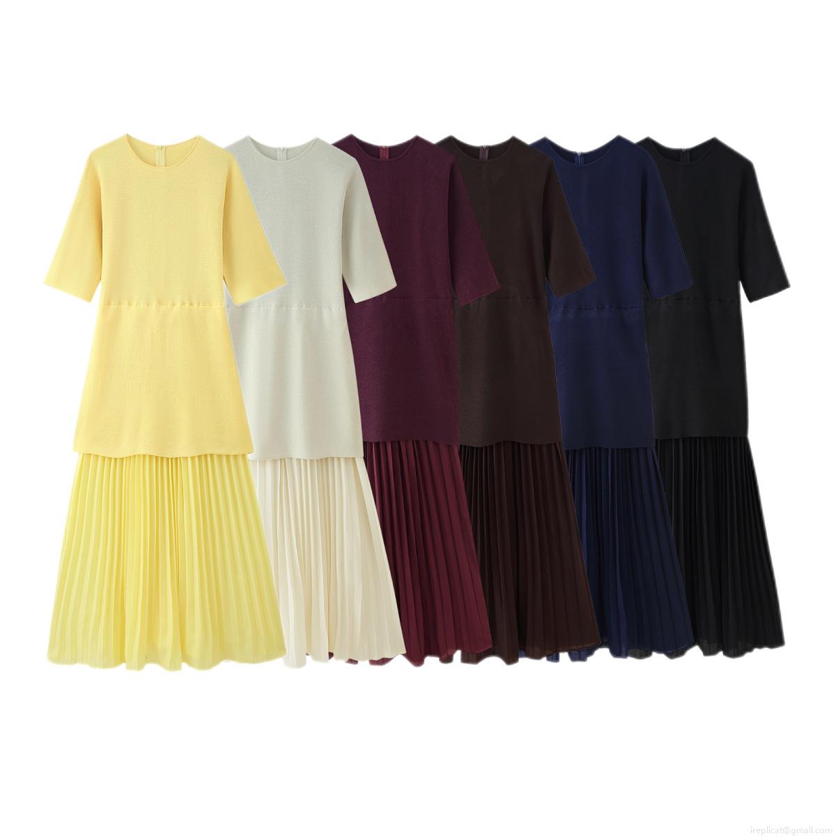 Women's Elegant Knit Patchwork Pleated Maxi Dress Round Neck Short Sleeve Solid Color Slim Fit A-Line Casual Party Long Dress For Women