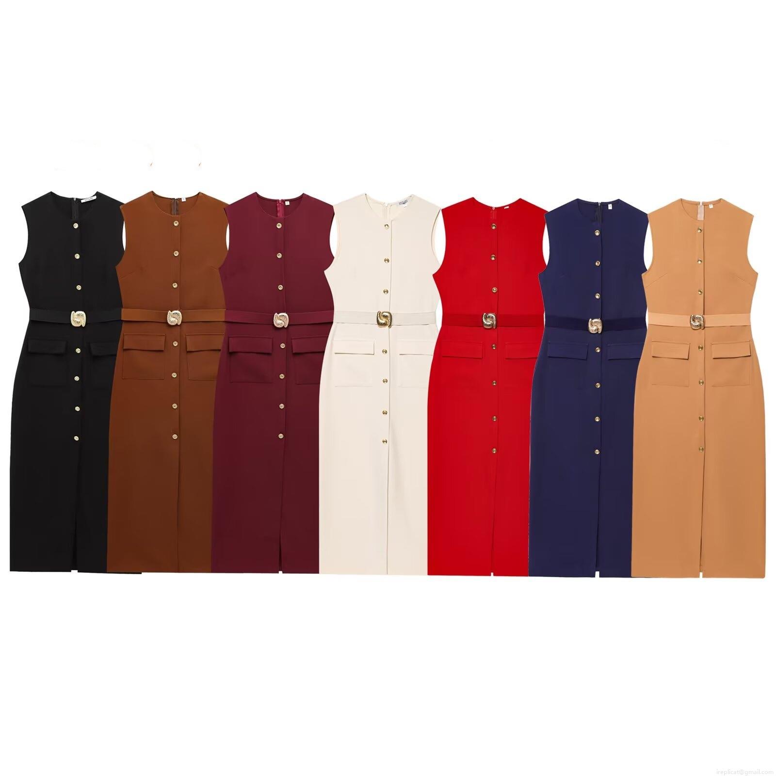 Women's Sleeveless Round Neck Maxi Dress With Belt Solid Color Bodycon Long Dress Elegant Streetwear Summer Vest Dress With Pockets