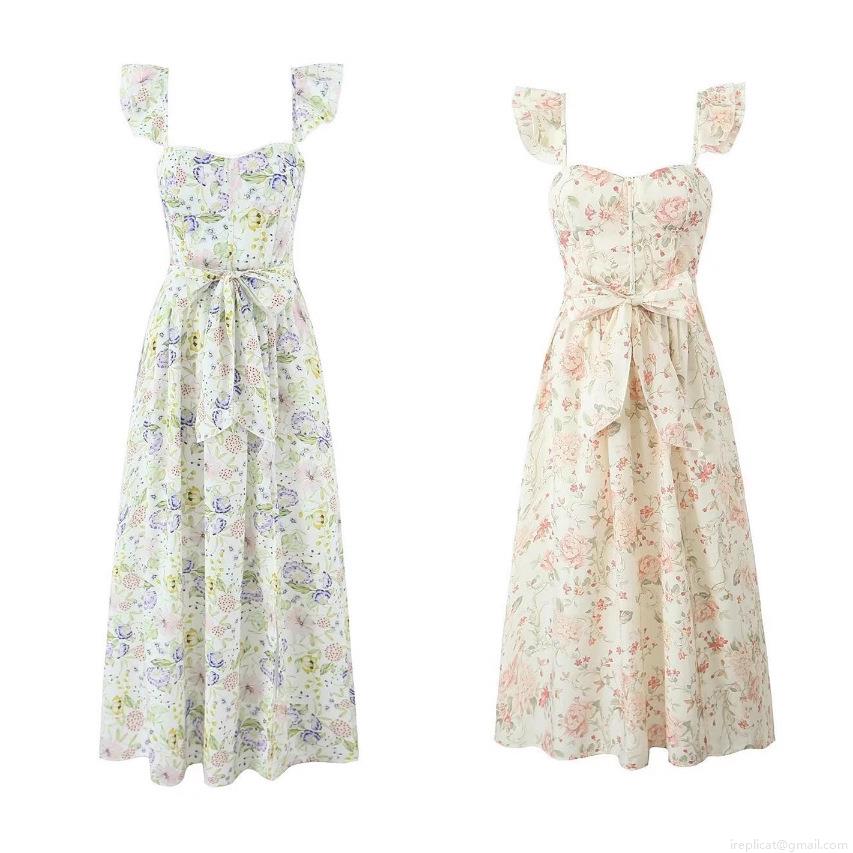 Women French Floral Maxi Dress With Ruffle Straps Square Neck Fishbone Lace-up Bow Summer Vacation Streetwear Polyester Cotton Blend Long Dress
