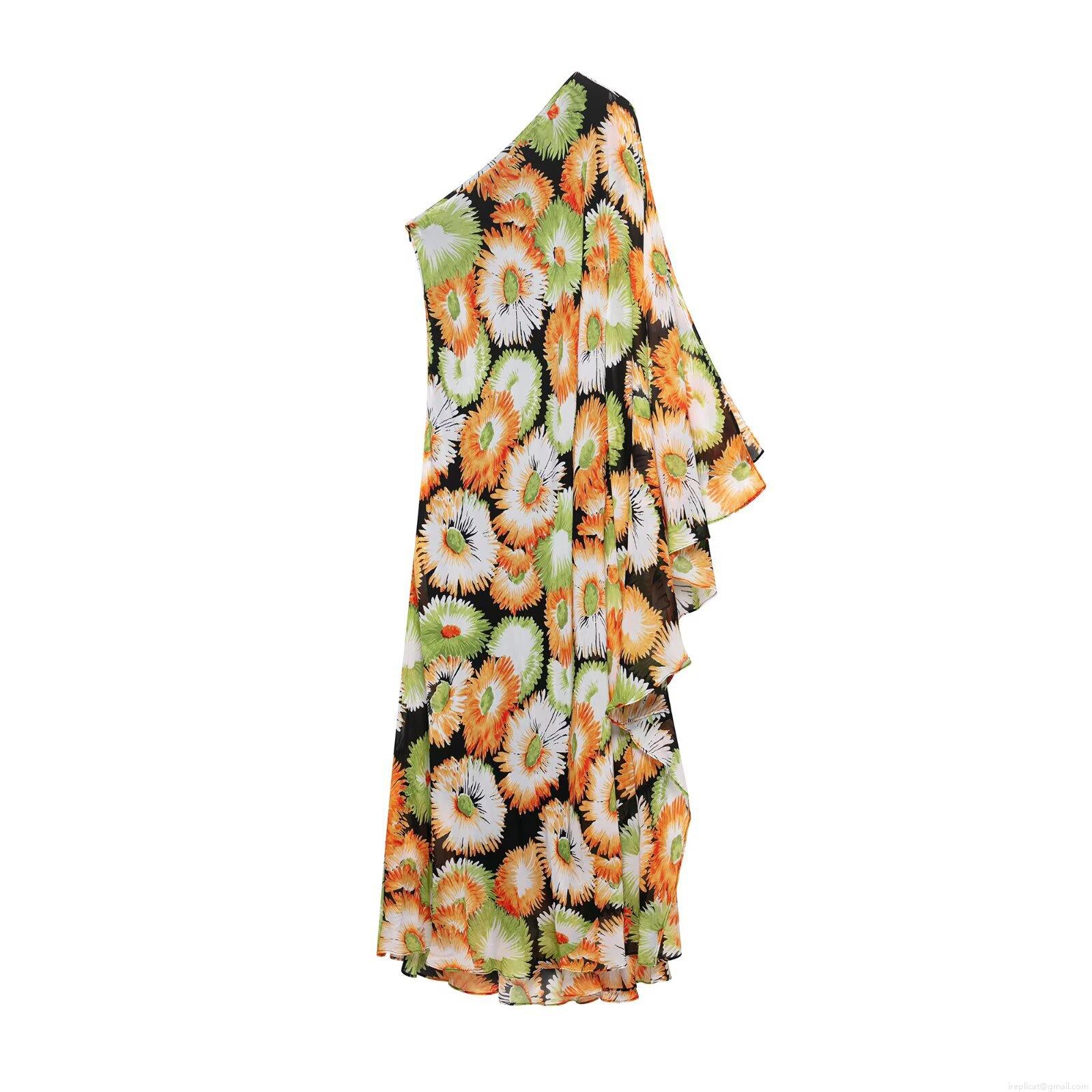Women's One Shoulder Maxi Dress Asymmetric Ruffle Sleeve Sunflower Floral Print Loose Waist A-Line Long Dress 100% Polyester Chiffon Streetwear Party Vacation