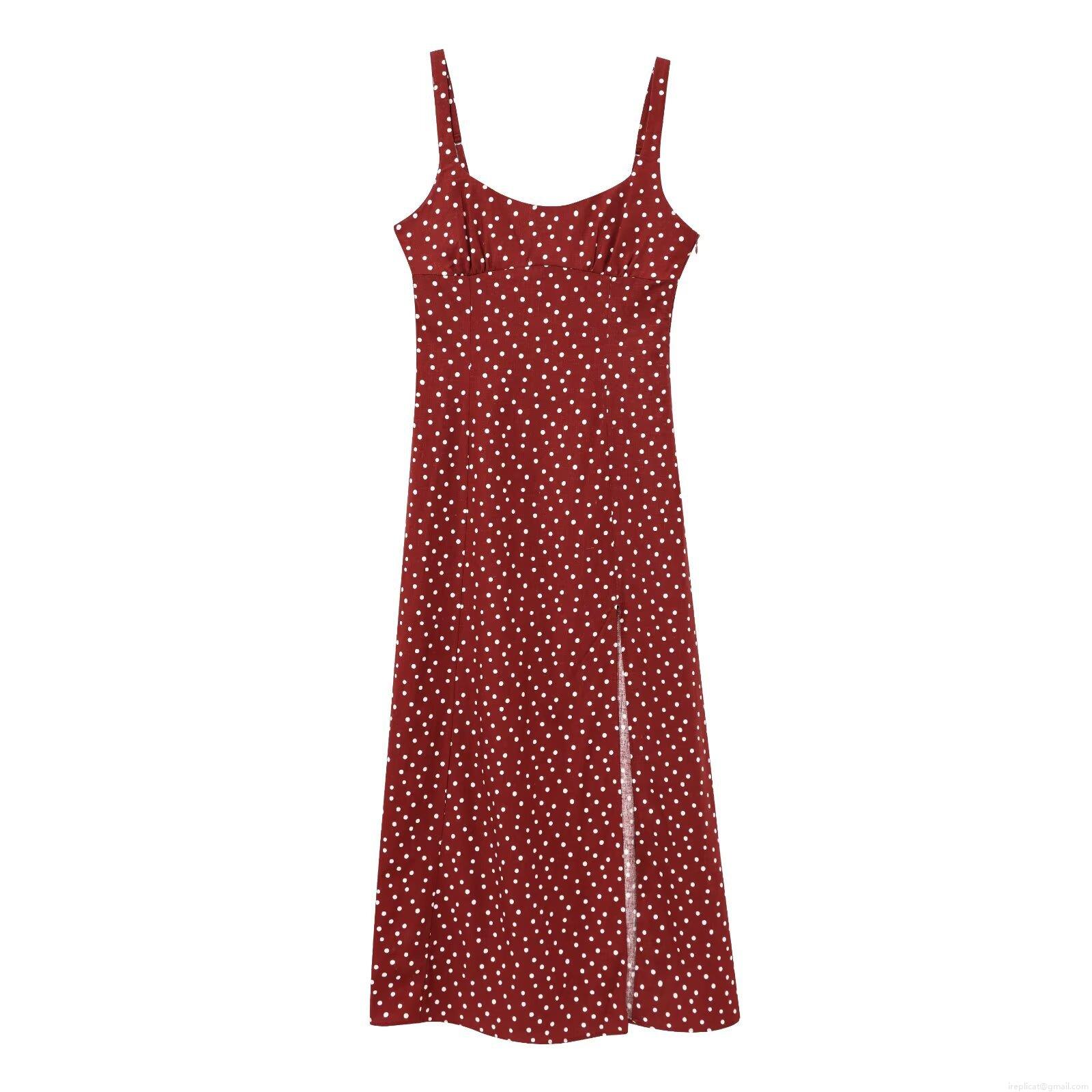 Women's Retro Polka Dot Slim Fit Camisole Dress Summer Sexy Side Split Maxi Dress Wine Red Polyester Long Dress With Adjustable Straps For Party Vacation