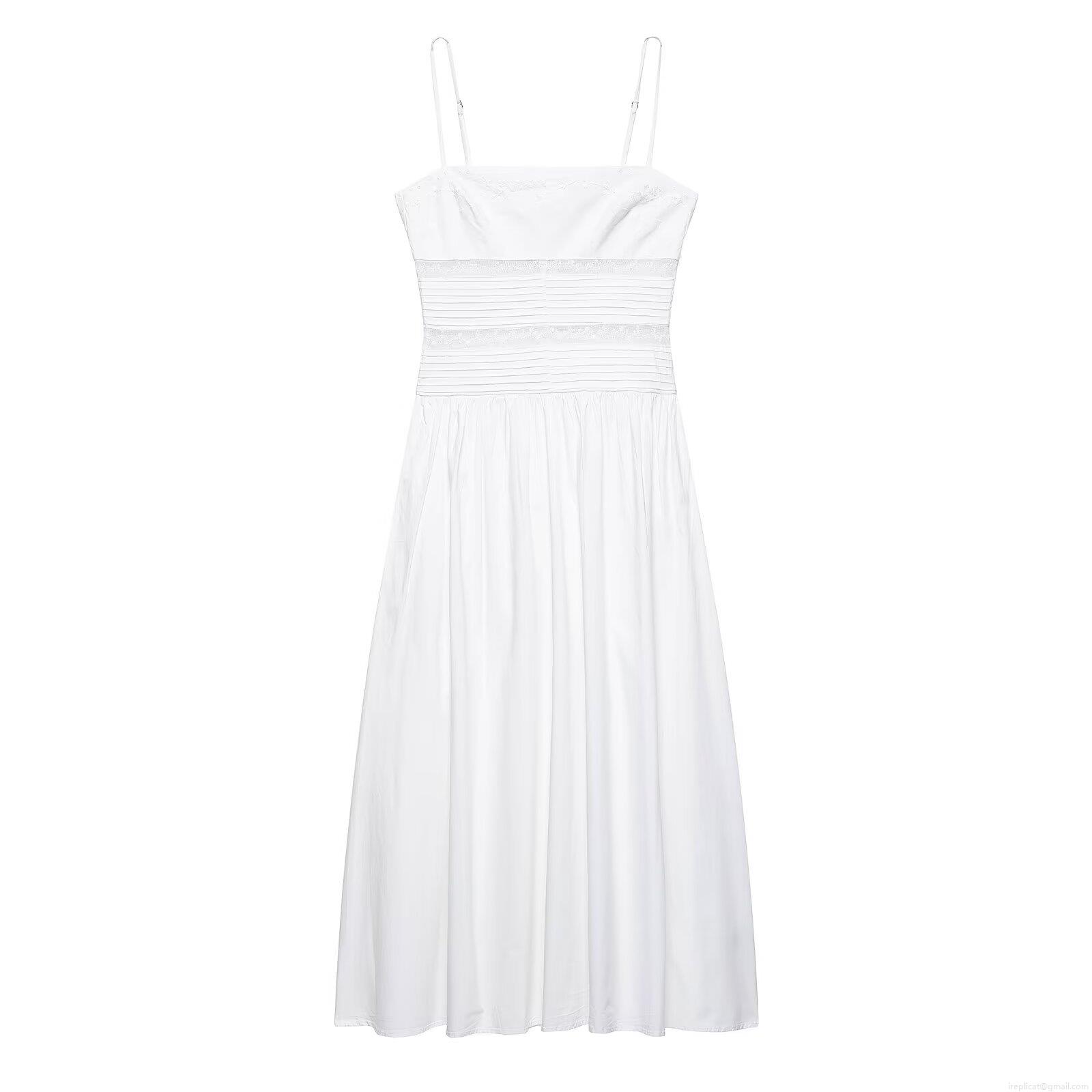 Women's Sexy White Embroidery Hollow Out Camisole Maxi Dress Polyester Lace Pleated Long Dress With Back Zipper For Summer Party Streetwear