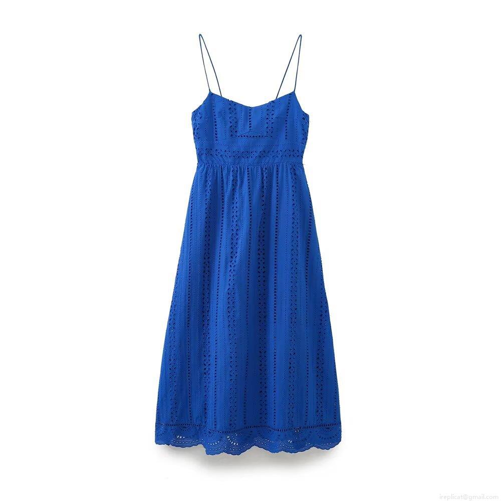 Women's Blue Eyelet Embroidery Spaghetti Strap Maxi Dress Elegant Hollow Out Smocking Back Boho Summer Vacation Sundress A-Line Long Dress For Women