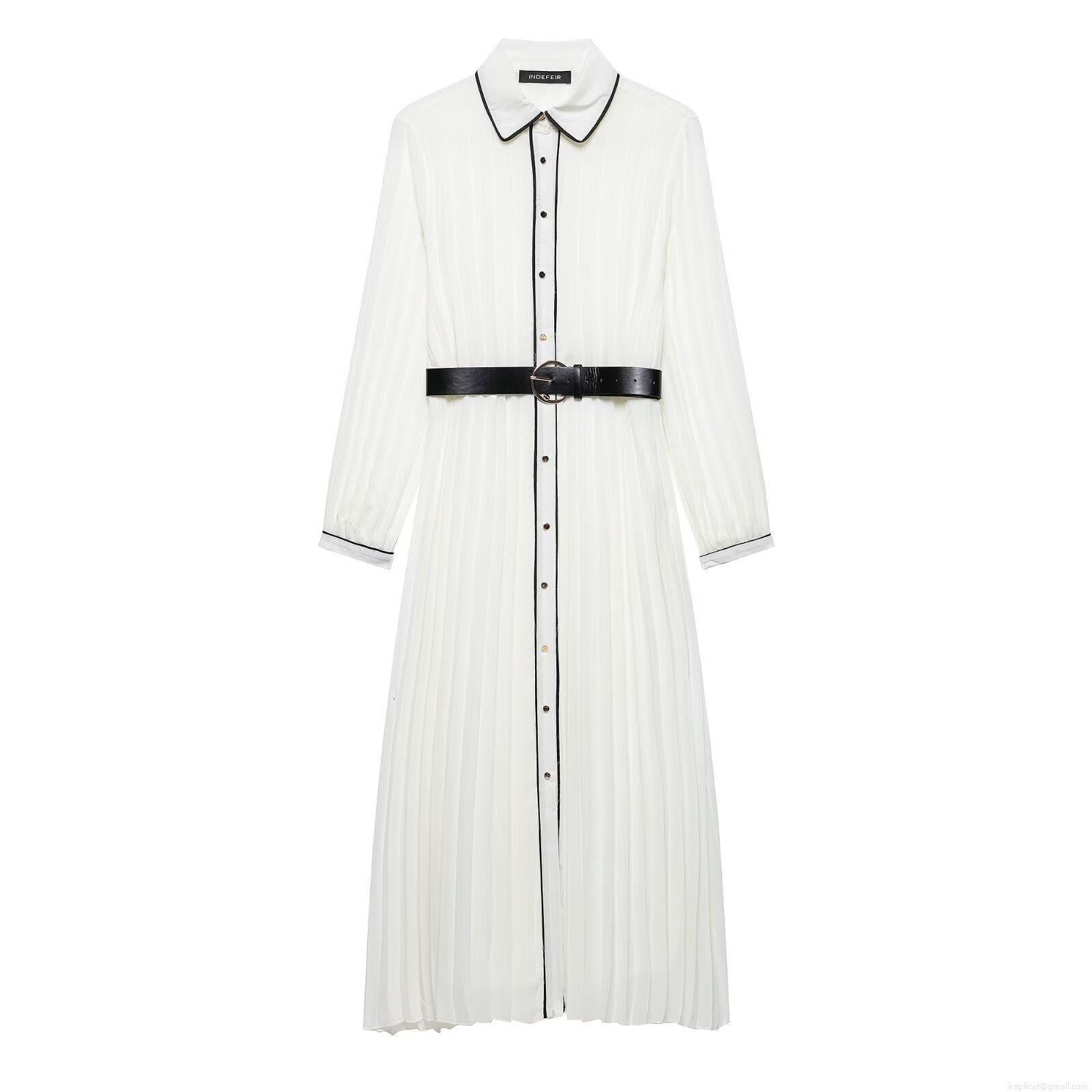 Women's European Style Pleated Long Sleeve Dress With Belt Contrast Piping Lapel Maxi Shirt Dress Elegant Solid White Streetwear Long Dress
