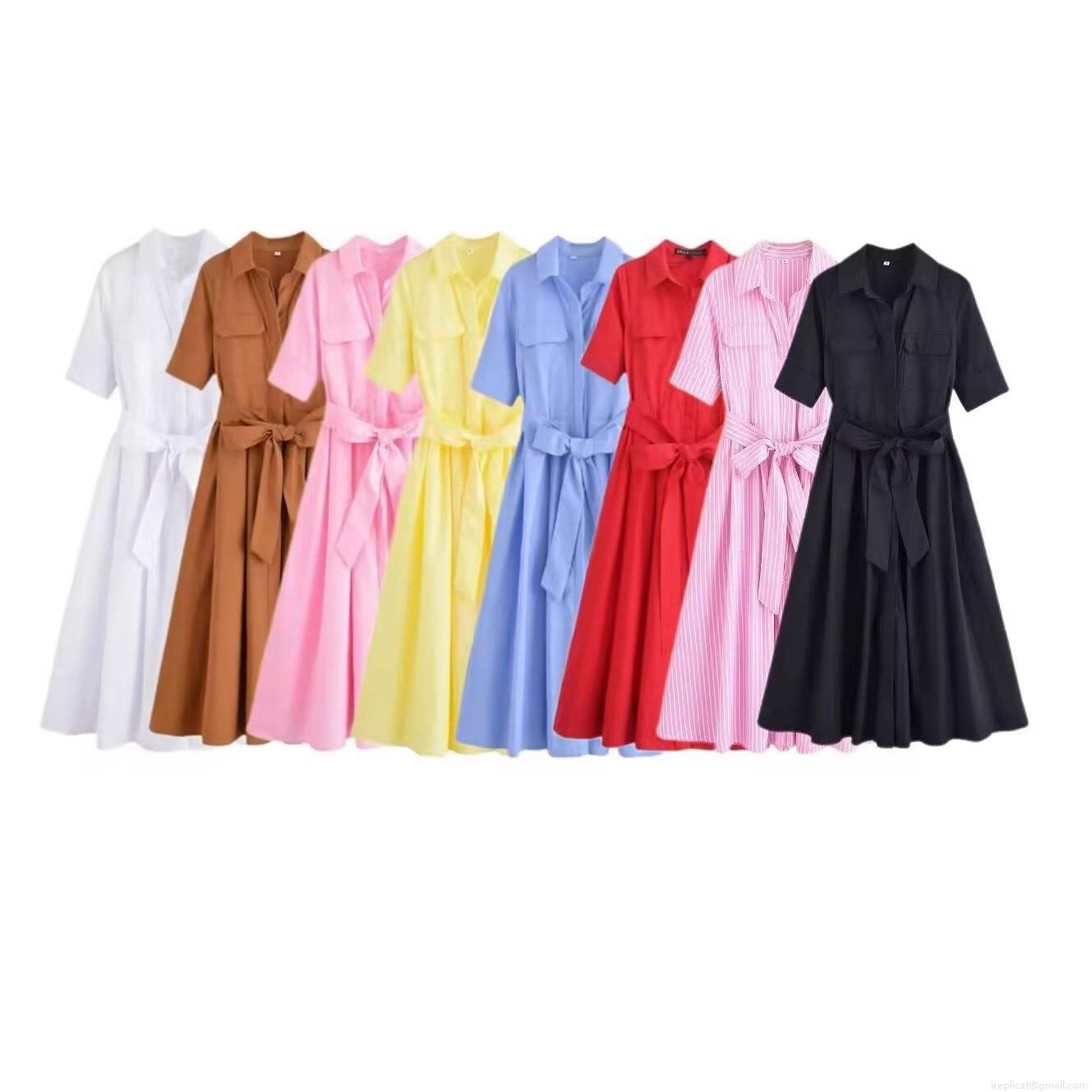 Women's Short Sleeve Shirt Maxi Dress with Belt Casual Lapel Button Down A-Line Long Dress Summer Streetwear Polyester Blend Solid Color Party Robe