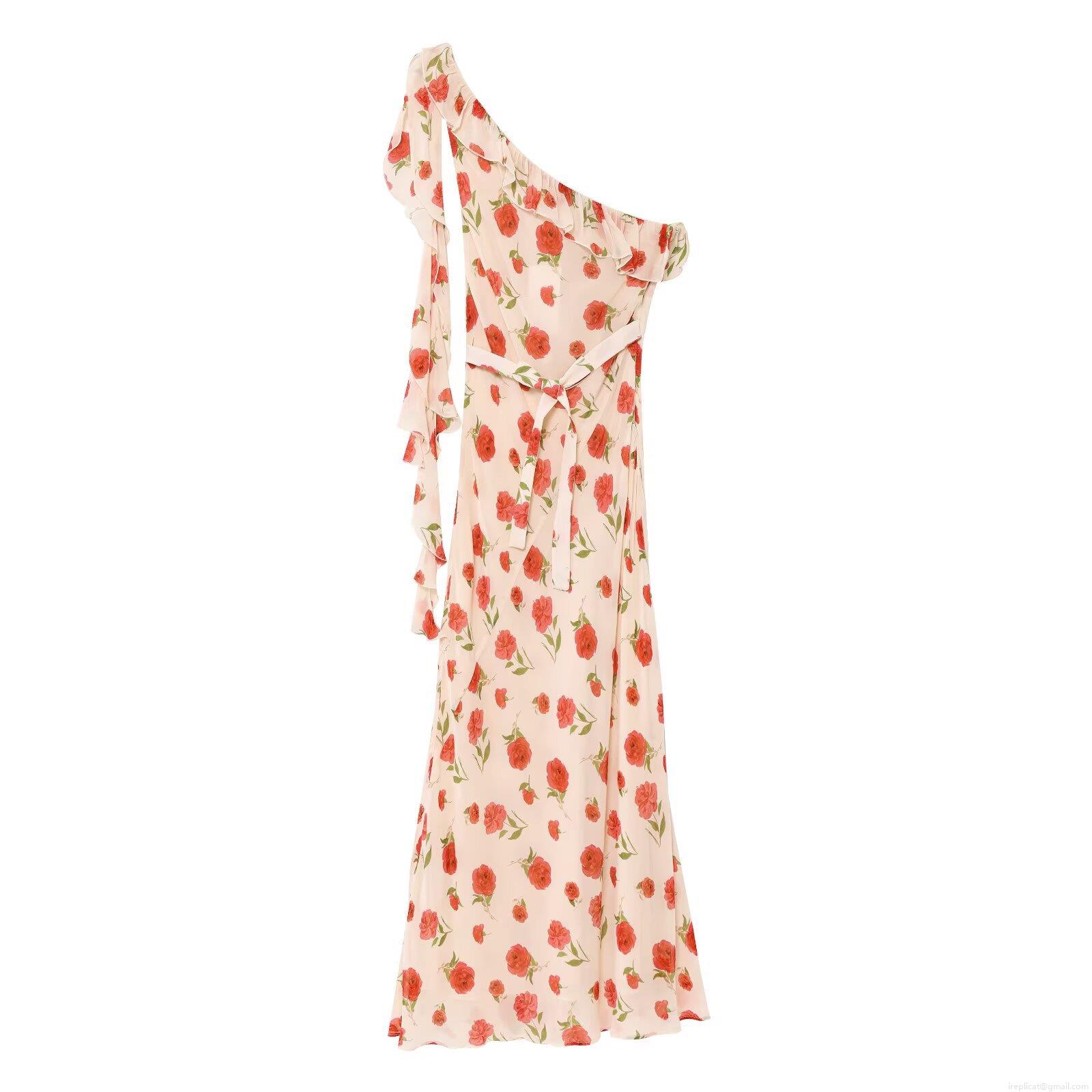 Women's One-Shoulder Floral Maxi Dress Ruffle Rose Print Sleeveless Chiffon Summer Beach Party Dress With Belt Streetwear Style