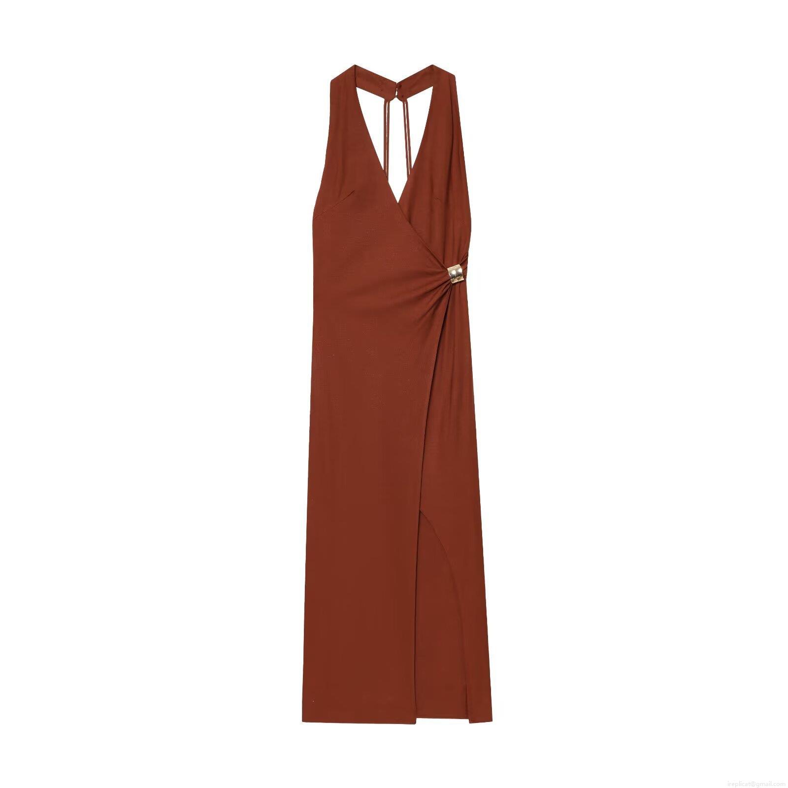 Sexy Halter Backless Maxi Dress For Women Deep V Neck Pleated Side Slit Long Dress With Metal Ring Decoration Elegant Summer Party Evening Banquet Gown