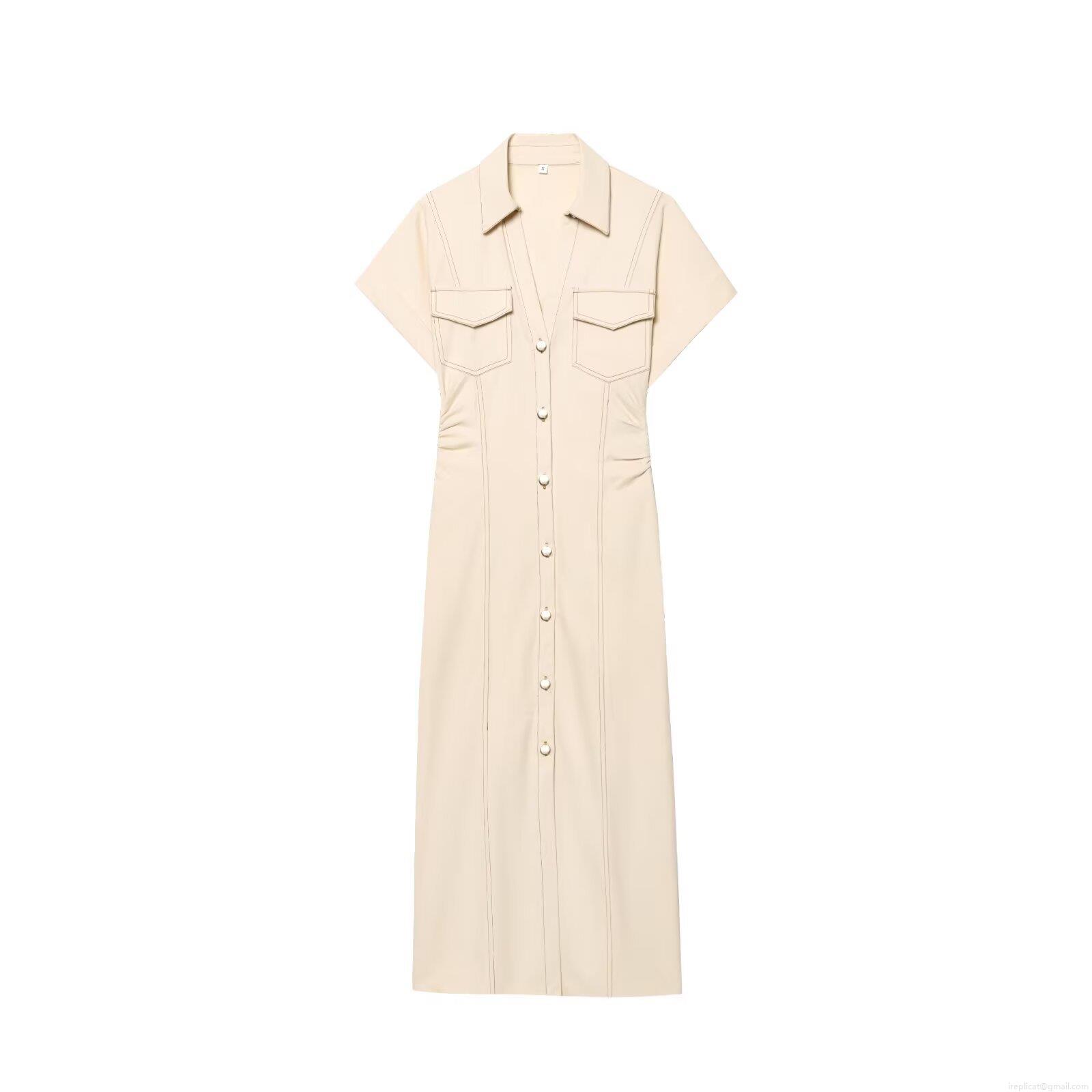 Women Short Sleeve Shirt Maxi Dress Button Down Utility Cargo Dress With Pockets Slim Waist Lapel Collar Apricot Polyester Streetwear Summer Casual Dress