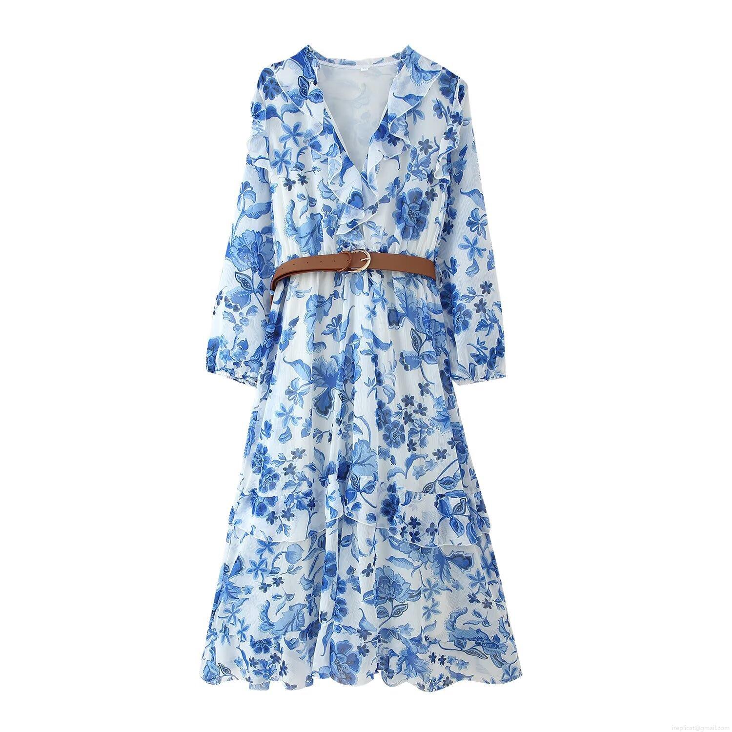 Women V Neck Ruffle Layered Maxi Dress With Belt Floral Printed Long Sleeve A-Line Chiffon Texture Streetwear Summer Vacation Beach Sundress For Women